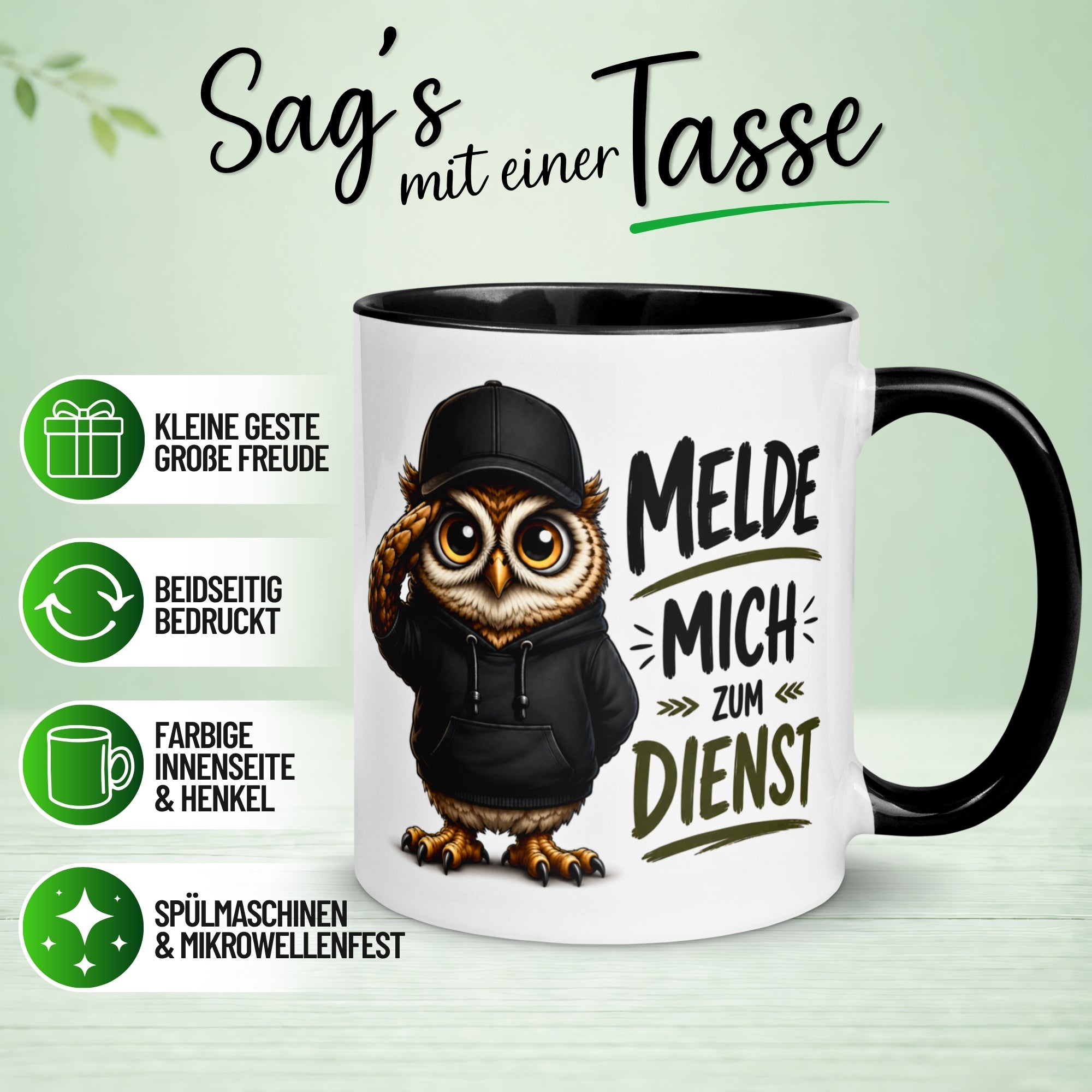 Tasse Eule – „Melde mich zum Dienst“ – lustiger Eulen Geschenk Becher für Morgenmuffel
