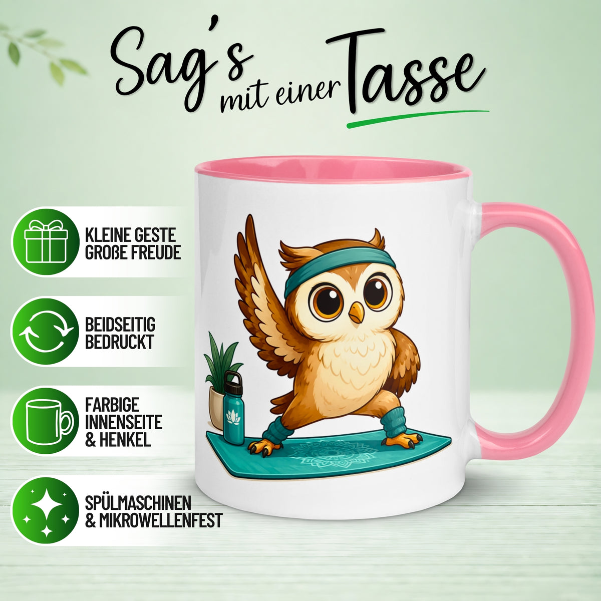 Tasse Eule – „Yoga Eule“ – lustiger Eulen Geschenk Becher für Fitness/Sport Fans