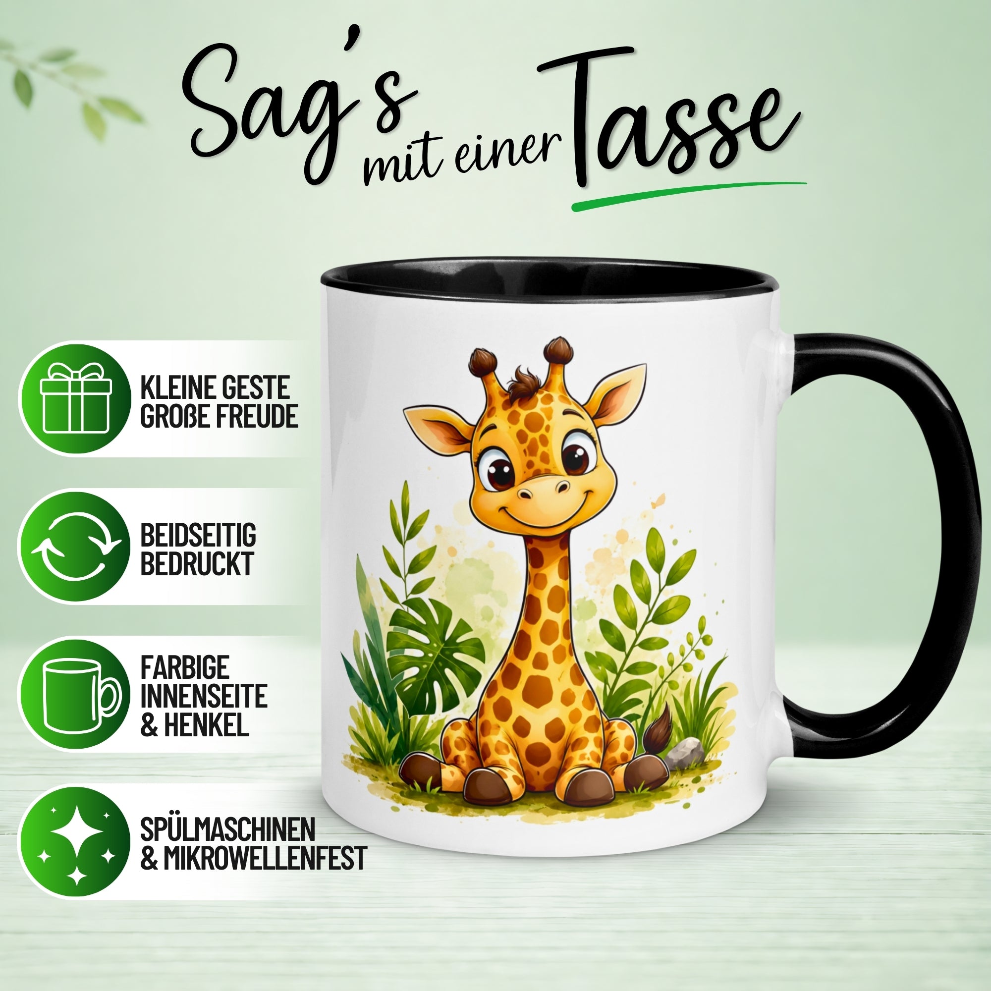 Tasse Giraffe – „Niedliche Giraffe im Gras“ – lustiger Giraffen Geschenk Becher