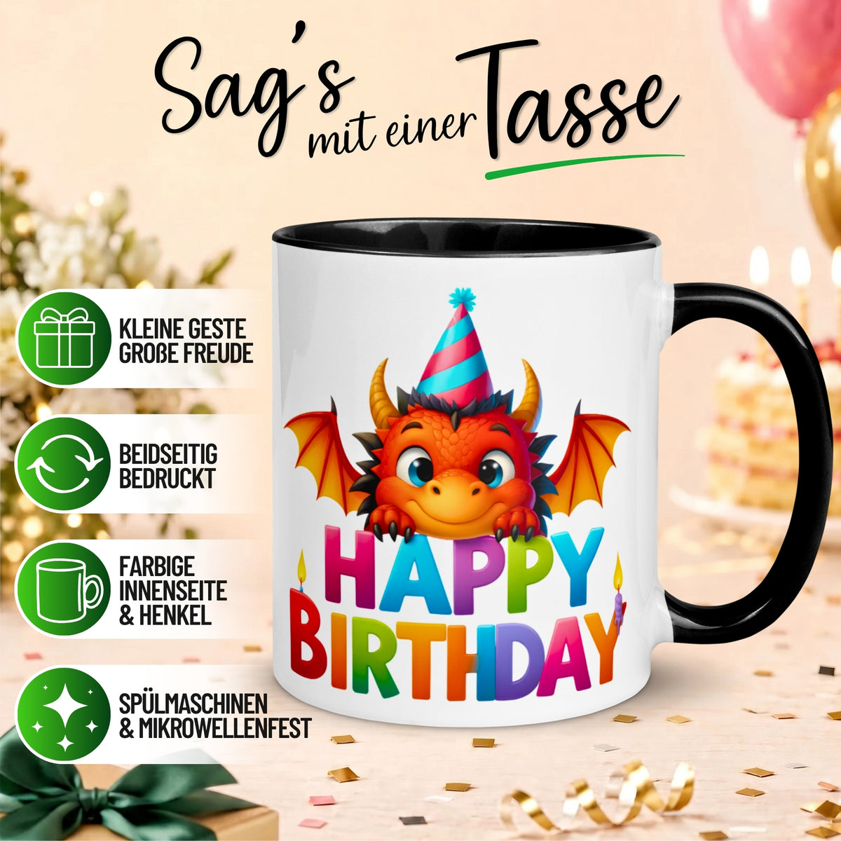Tasse Geburtstag – „Happy Birthday Drache“ – Geburtstagsgeschenk Junge Mädchen