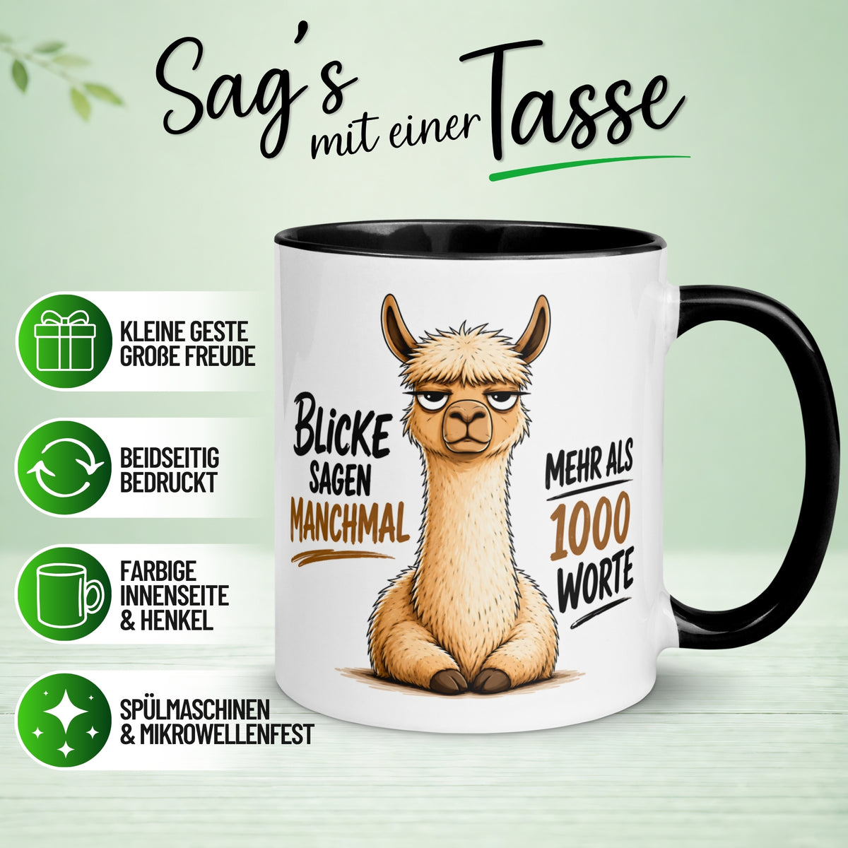 Tasse Alpaka – „Blicke sagen manchmal mehr als 1000 Worte“ – lustiger Geschenk Becher für Morgenmuffel
