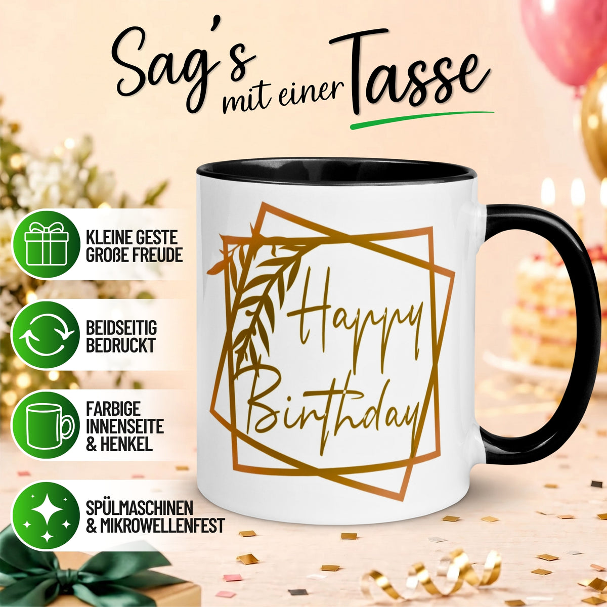 Tasse Geburtstag – „Goldenes Happy Birthday“ – Geburtstagsgeschenk Mann Frau