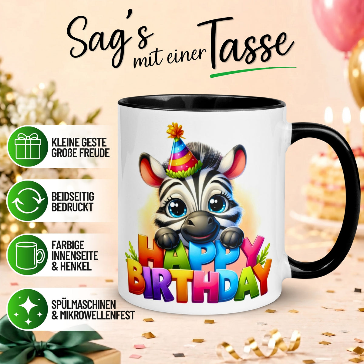 Tasse Geburtstag – „Happy Birthday Zebra“ – Geburtstagsgeschenk Junge Mädchen
