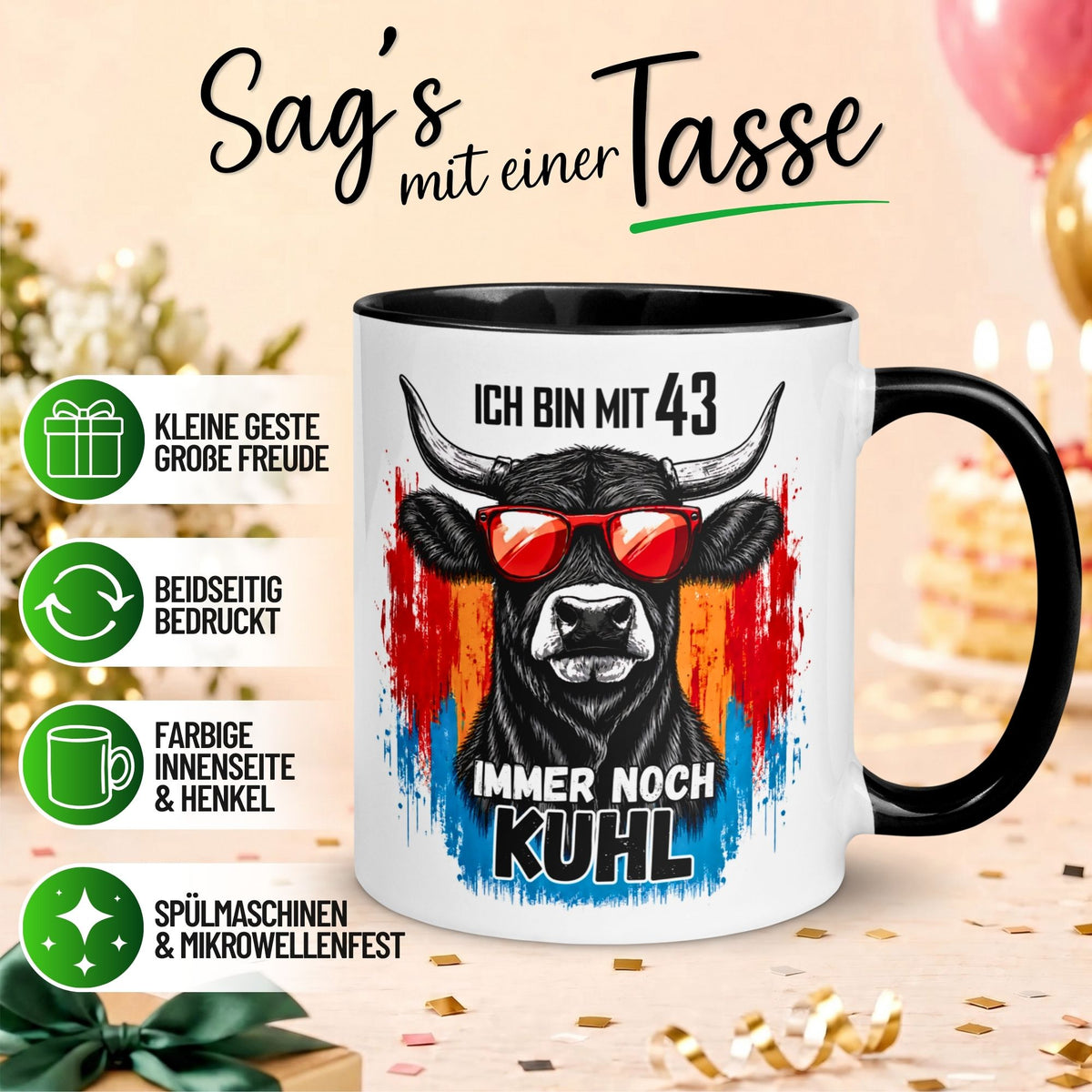 Tasse 43. Geburtstag Mann Frau – „Ich bin mit 43 immer noch Kuhl“ – Geschenk zum Geburtstag Männer Frauen