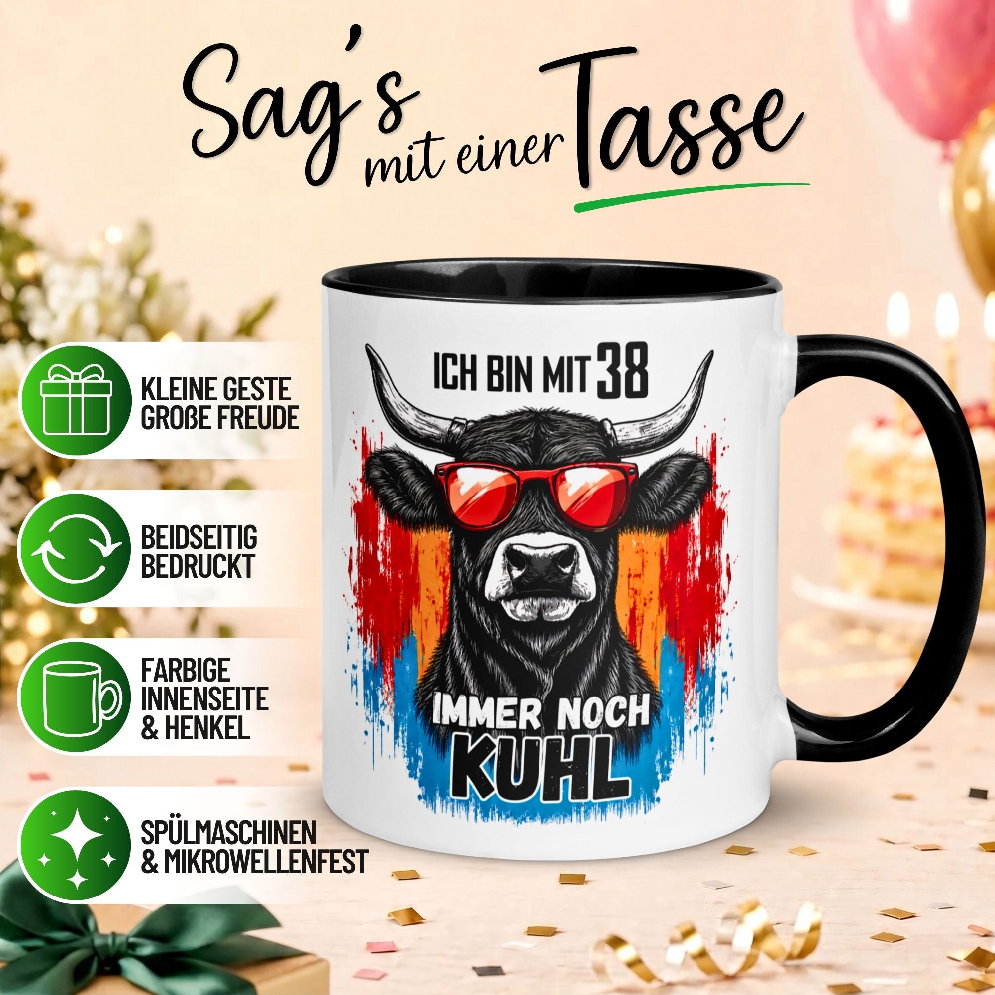 Tasse 38. Geburtstag Mann Frau – „Ich bin mit 38 immer noch Kuhl“ – Geschenk zum Geburtstag Männer Frauen