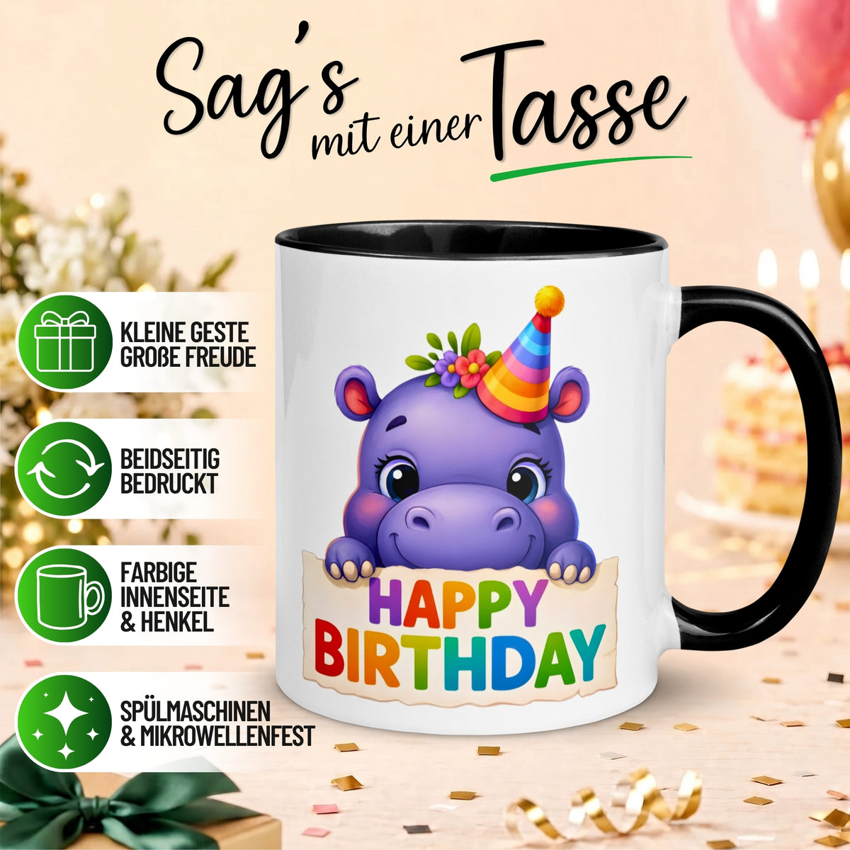 Tasse Geburtstag – „Happy Birthday Nilpferd“ – Geburtstagsgeschenk Junge Mädchen