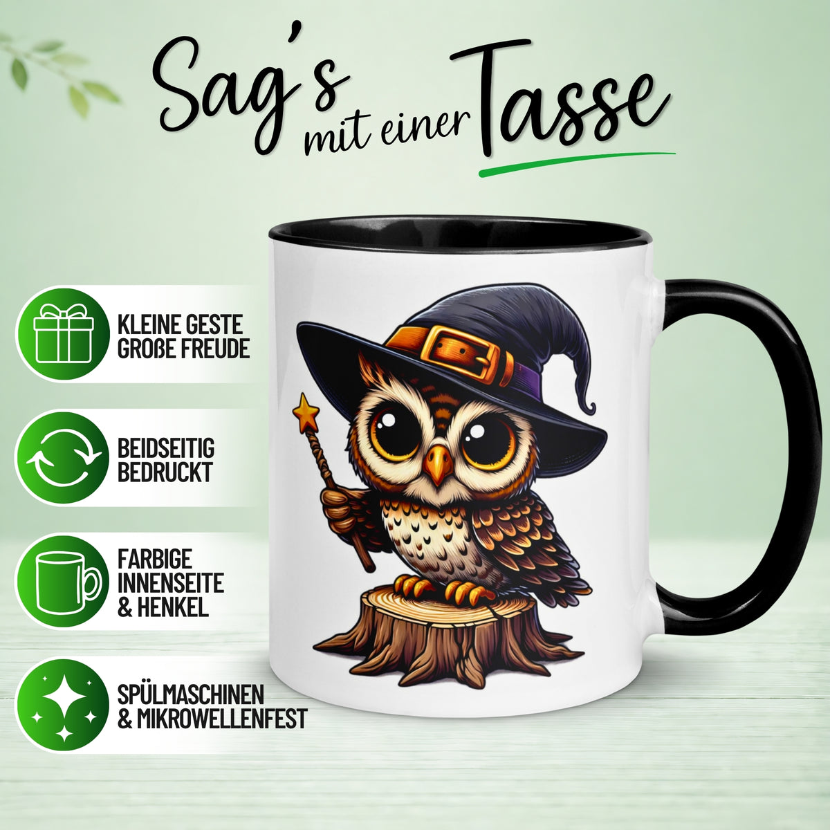 Tasse Eule – „Zauberstab“ – lustiger Eulen Geschenk Becher für Zauberer
