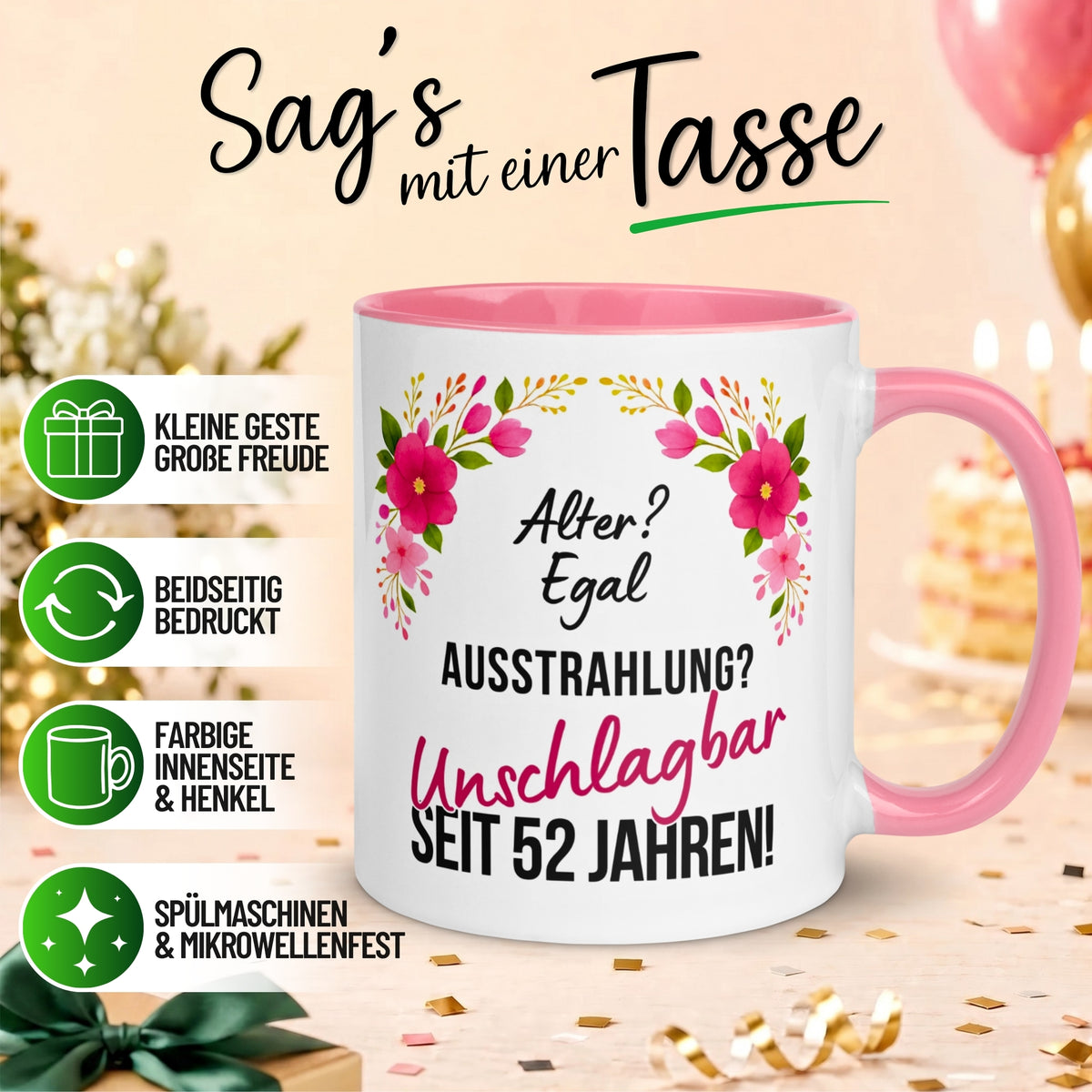 Tasse 52. Geburtstag Frau – „Ausstrahlung Unschlagbar seit 52 Jahren“ – Geschenk zum Geburtstag Frauen