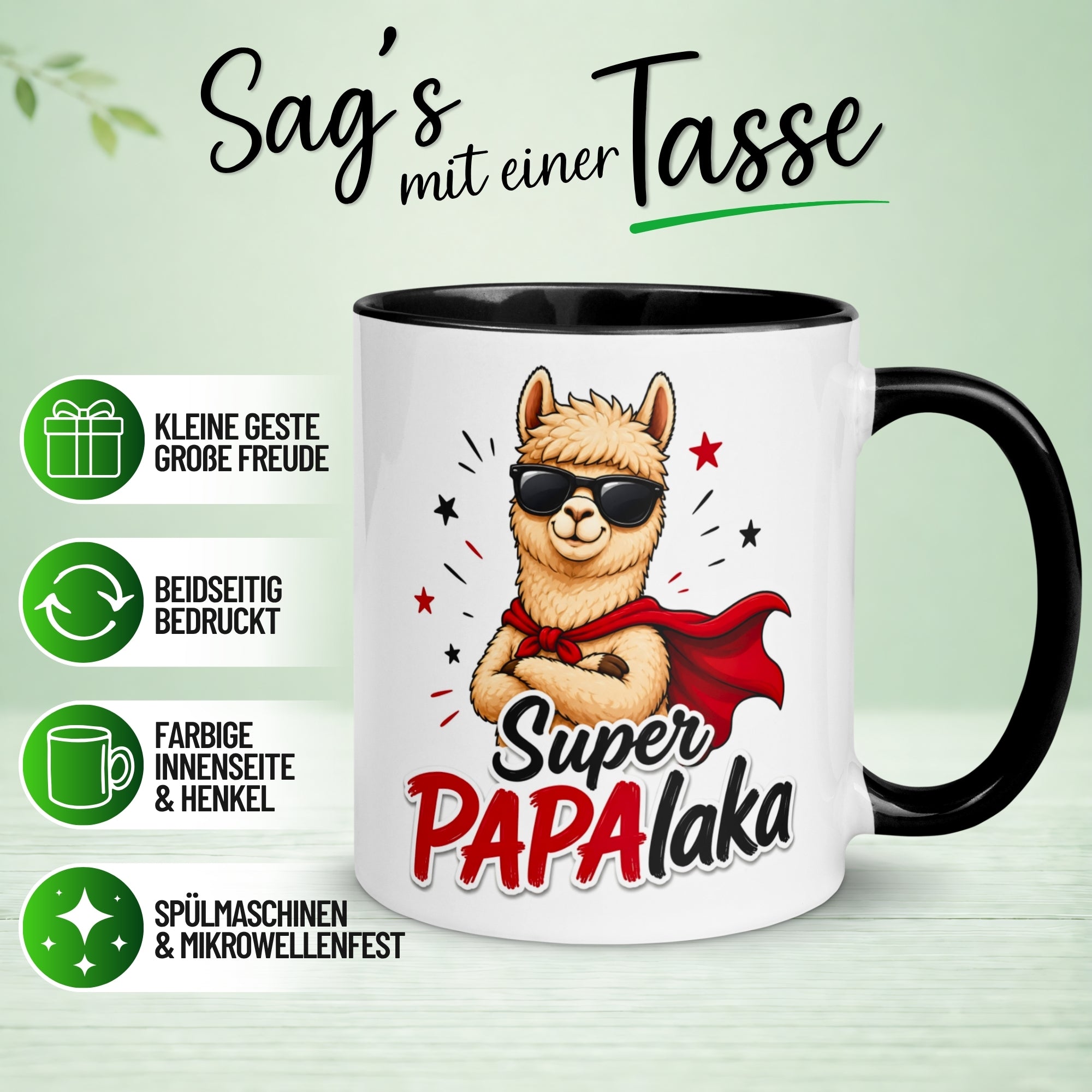 Tasse Alpaka – „Super PAPAlaka“ – lustiger Geschenk Becher für Superhelden Fans