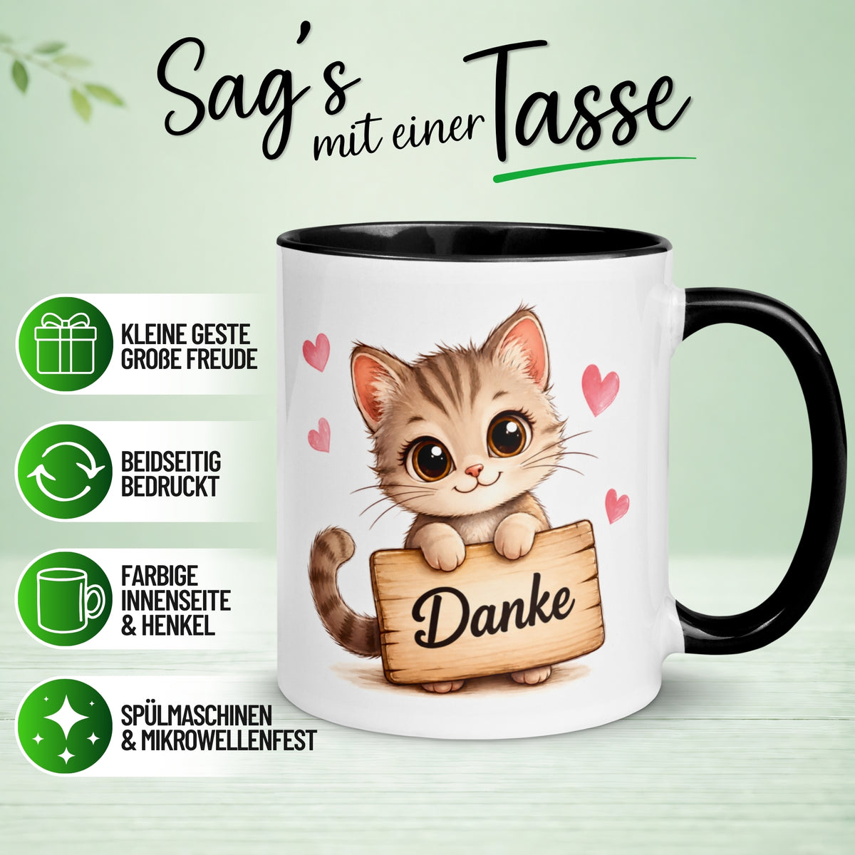 Tasse Danke – „Katze mit Danke Schild“ – Dankeschön Geschenke