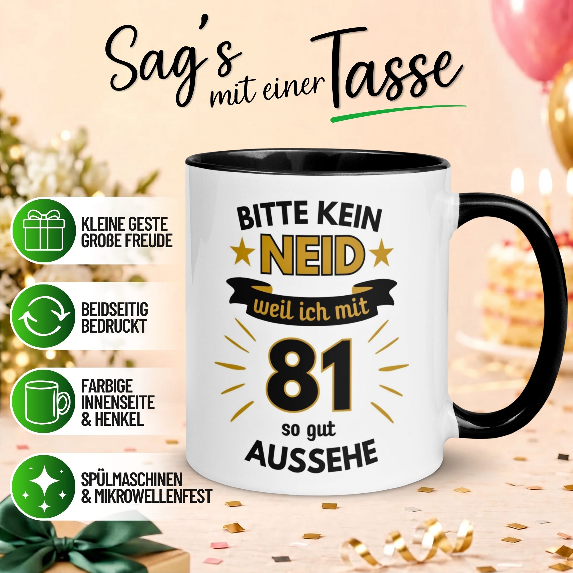 Tasse 81. Geburtstag Mann – „Bitte kein Neid“ – Geschenk zum Geburtstag für Männer