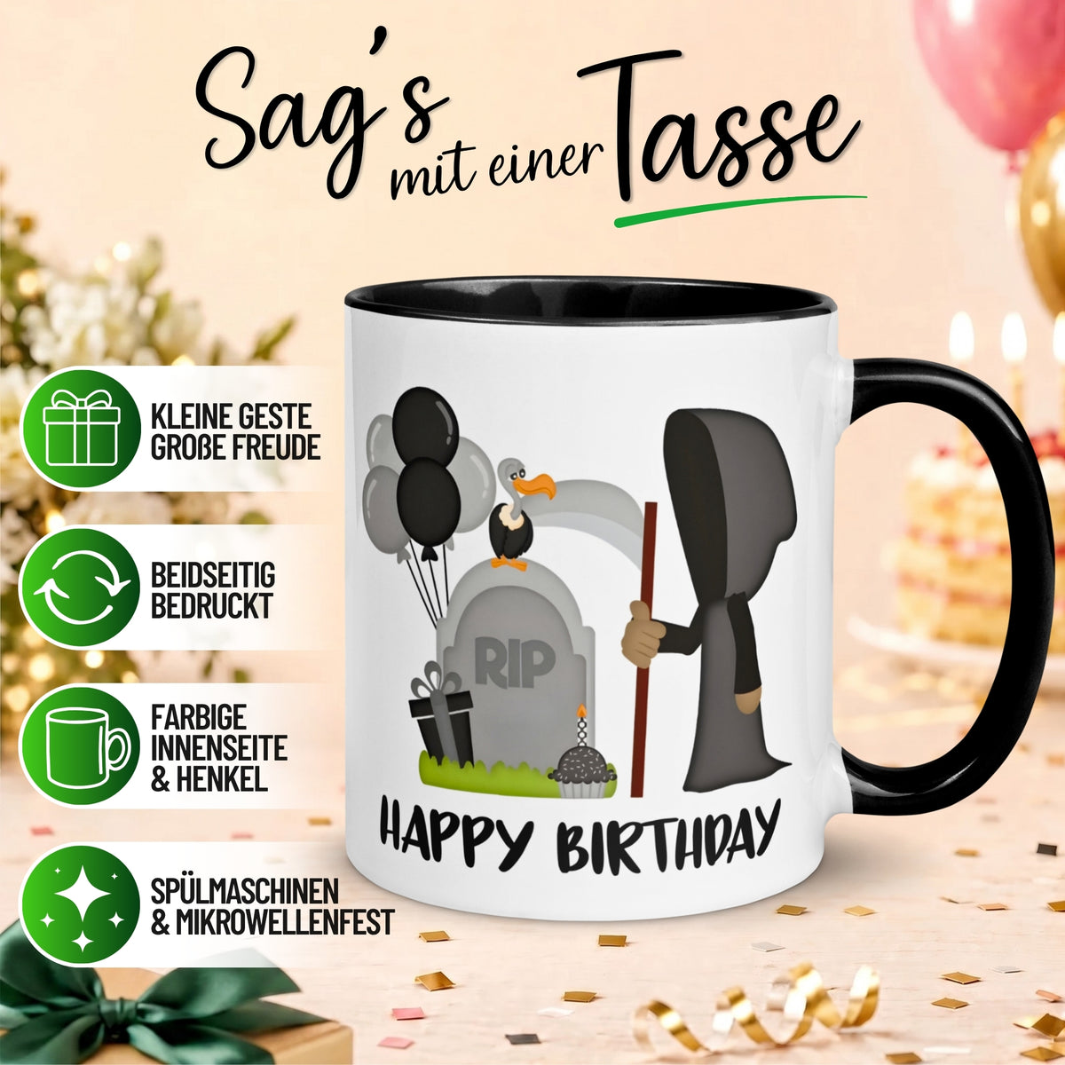 Tasse Geburtstag – „Happy Birthday – Sensenmann“ – Geburtstagstasse Mann Frau