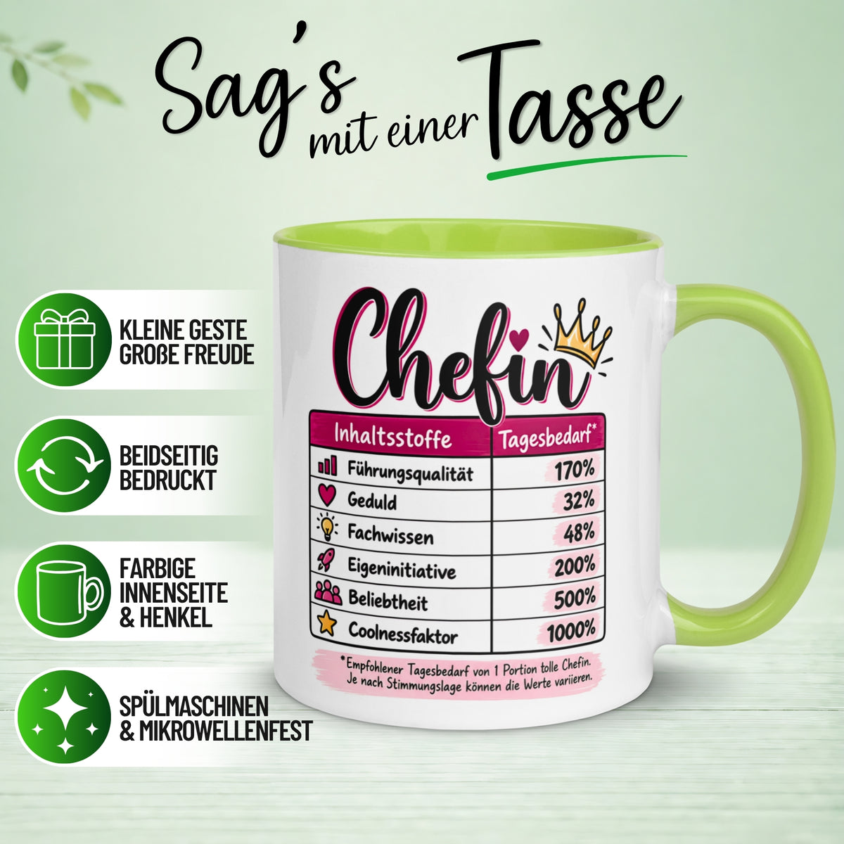 Tasse Chefin – „Inhaltsstoffe - Führungsqualität und Coolness“ – Geschenk Beste Chefin