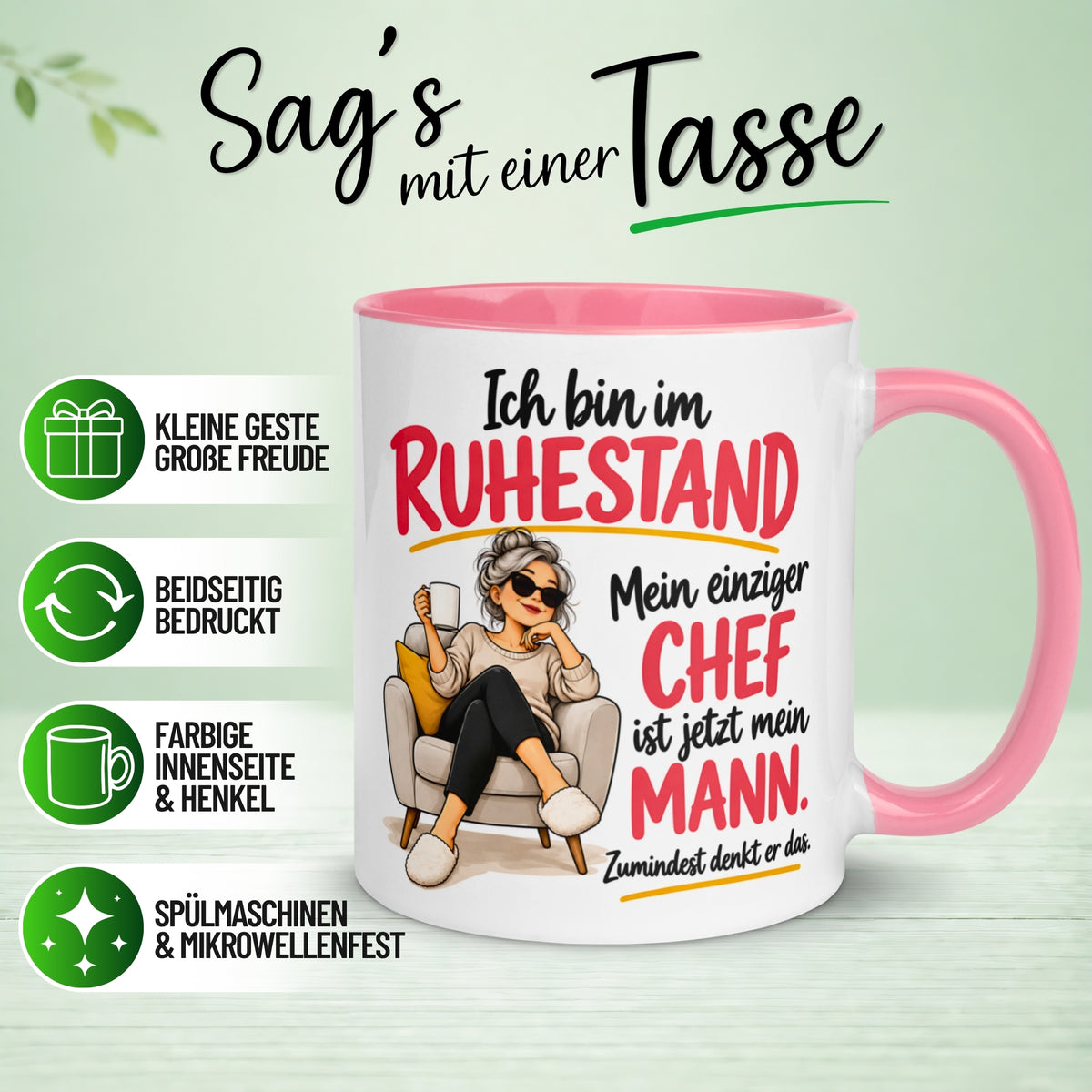 Tasse Rentnerin – „Mein einziger Chef ist jetzt mein Mann“ – Geschenk Ruhestand Frau