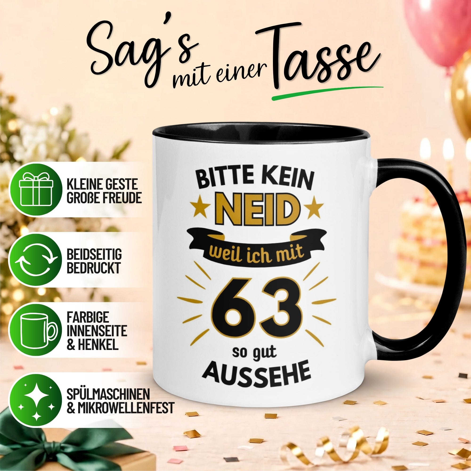Tasse 63. Geburtstag Mann – „Bitte kein Neid“ – Geschenk zum Geburtstag für Männer