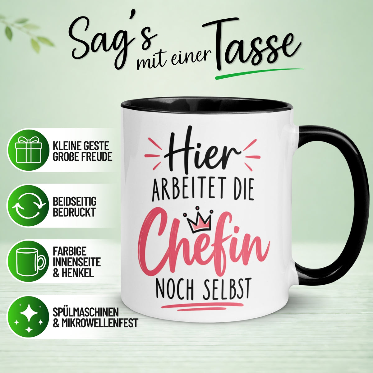 Tasse Chefin – „Hier arbeitet die Chefin noch selbst“ – Geschenk Becher Beste Chefin