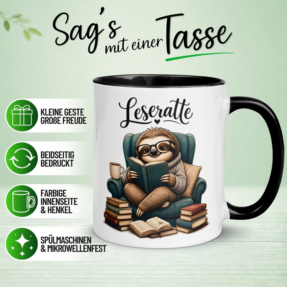 Tasse Faultier – „Sessel und Buch“ – lustiger Geschenk Becher für Leseratten