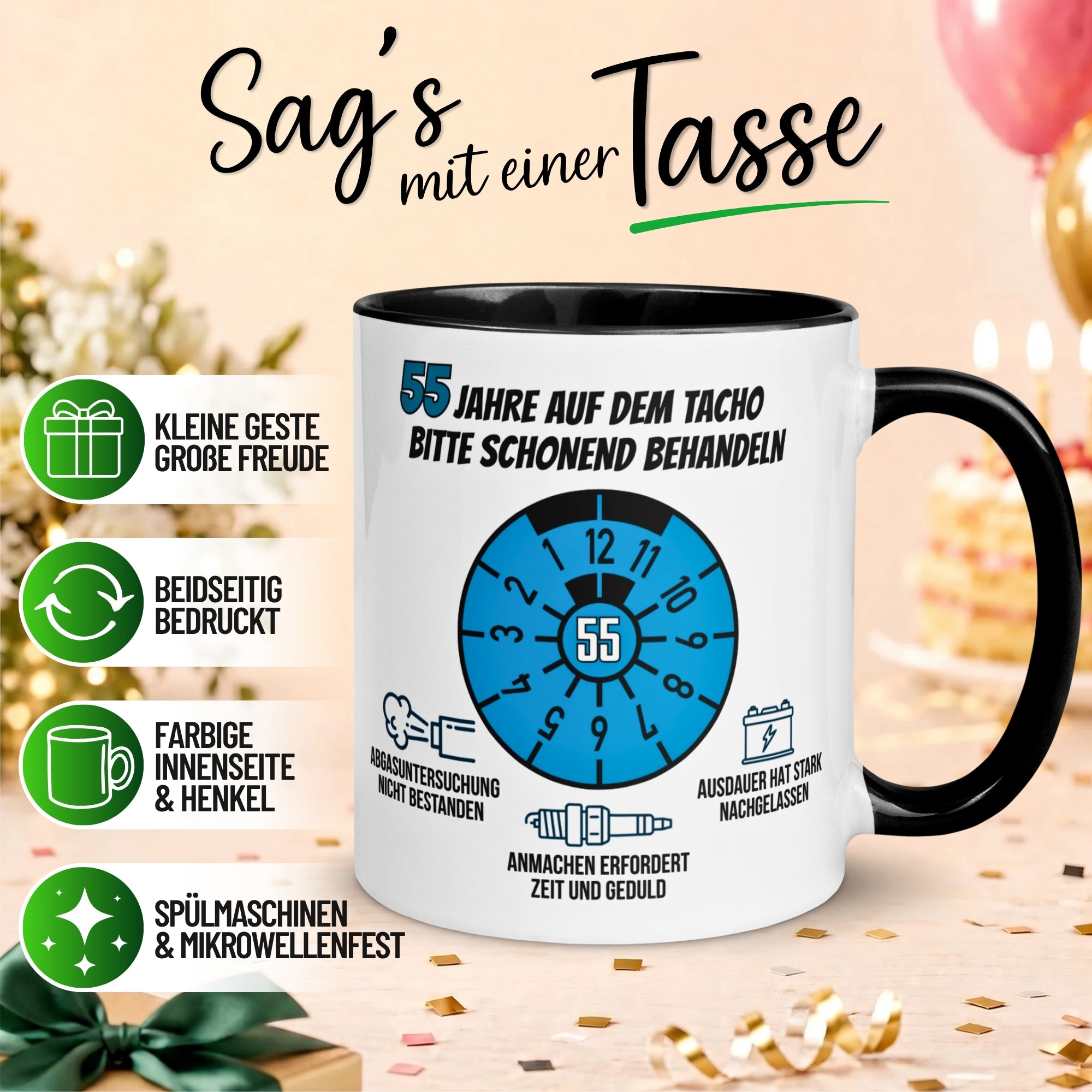 Tasse 55. Geburtstag Mann – „55 Jahre auf dem Tacho - Schonend Behandeln“ – Geschenk zum Geburtstag für Männer