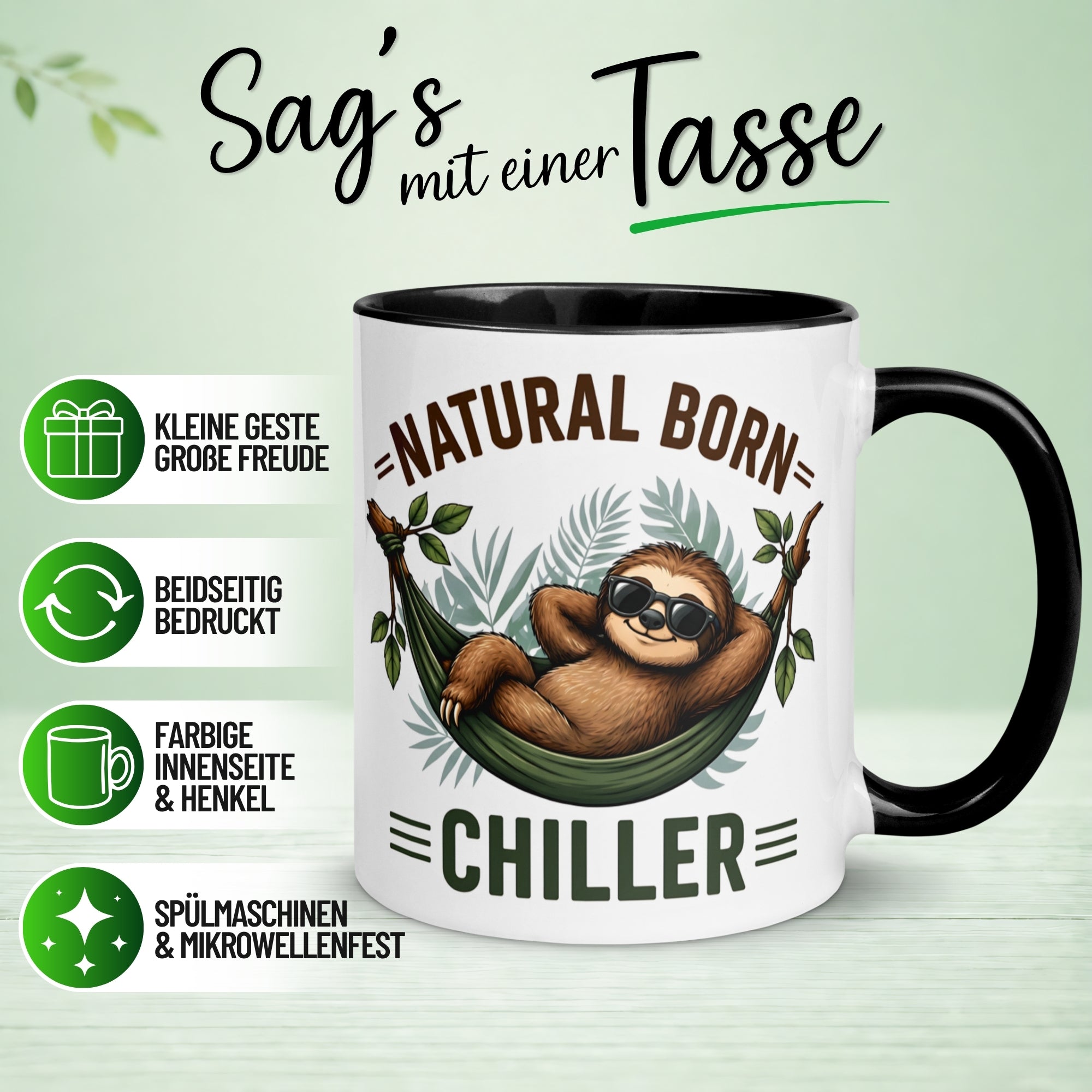 Tasse Faultier – „Natural Born Chiller“ – lustiger Geschenk Becher für Morgenmuffel