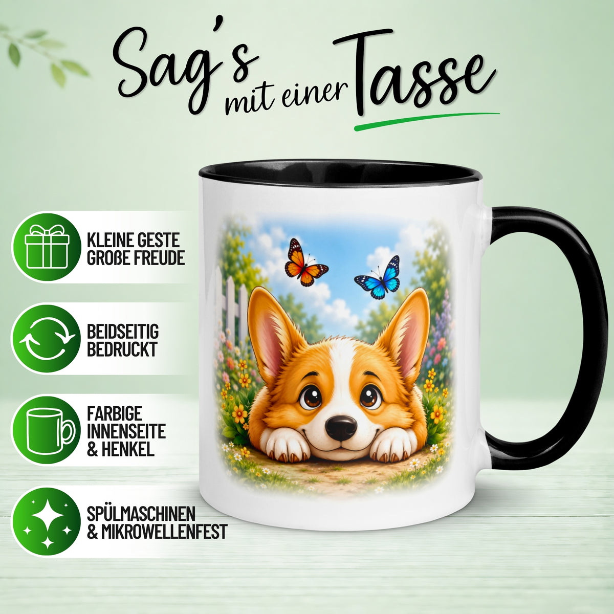 Tasse Hund – „Entspannte Schmetterlinge“ – lustiger Corgi Geschenk Becher