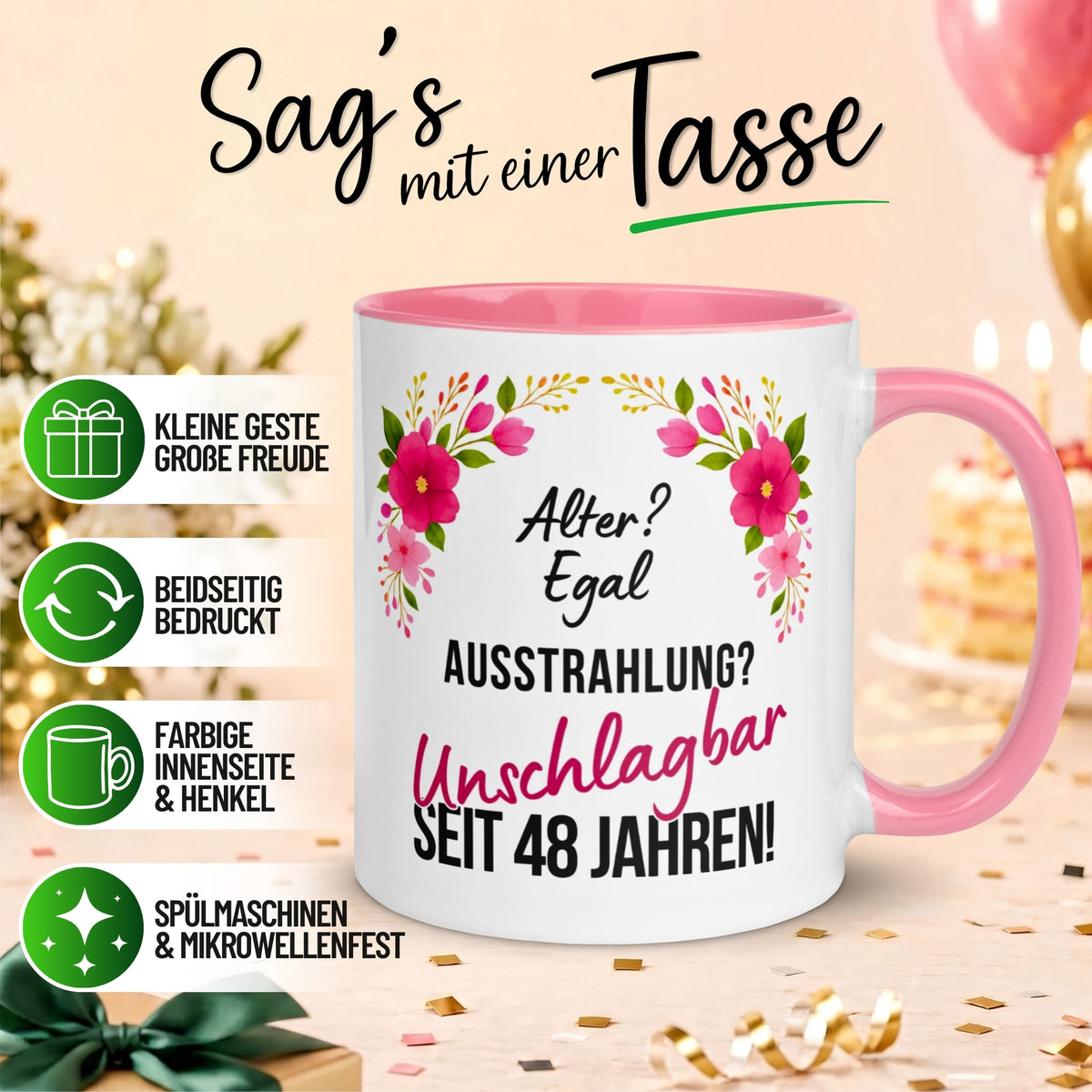 Tasse 48. Geburtstag Frau – „Ausstrahlung Unschlagbar seit 48 Jahren“ – Geschenk zum Geburtstag Frauen