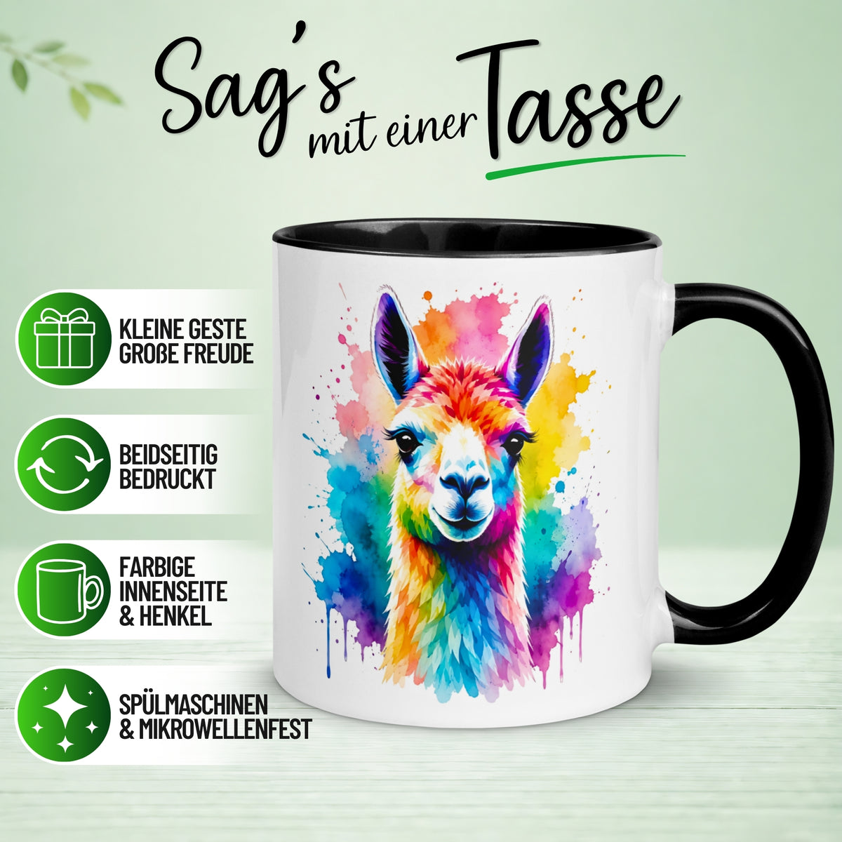 Tasse Lama – „Buntes Aquarell Farbenspiel“ – Alpaka Geschenk Becher