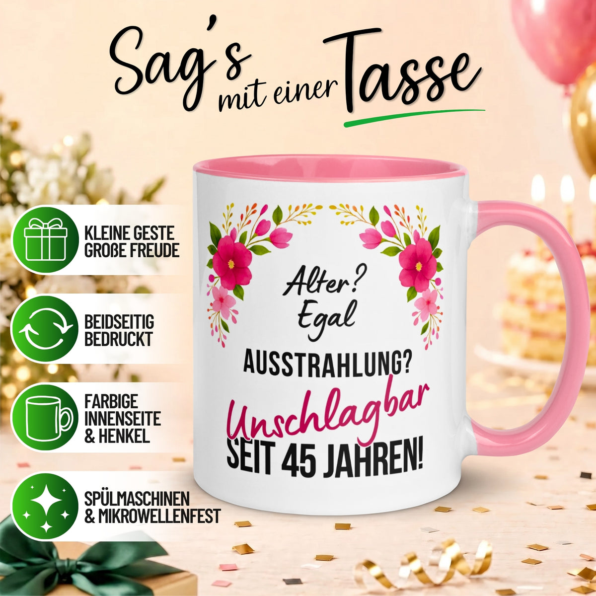 Tasse 45. Geburtstag Frau – „Ausstrahlung Unschlagbar seit 45 Jahren“ – Geschenk zum Geburtstag Frauen