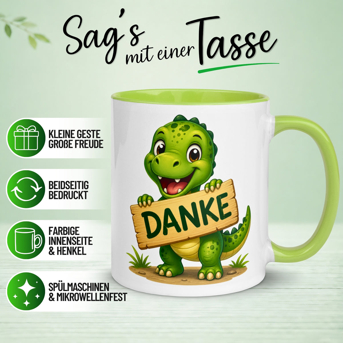 Tasse Dinosaurier – „Danke Schild“ – Dino Dankeschön Geschenk Becher