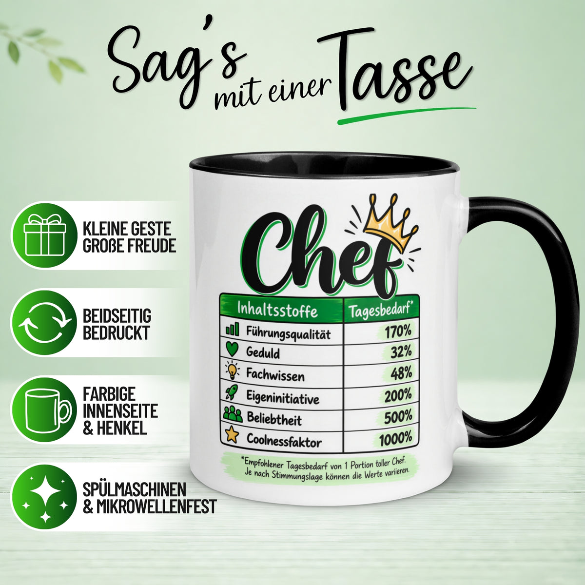 Tasse Chef – „Inhaltsstoffe - Führungsqualität und Coolness“ – Geschenk Bester Chef