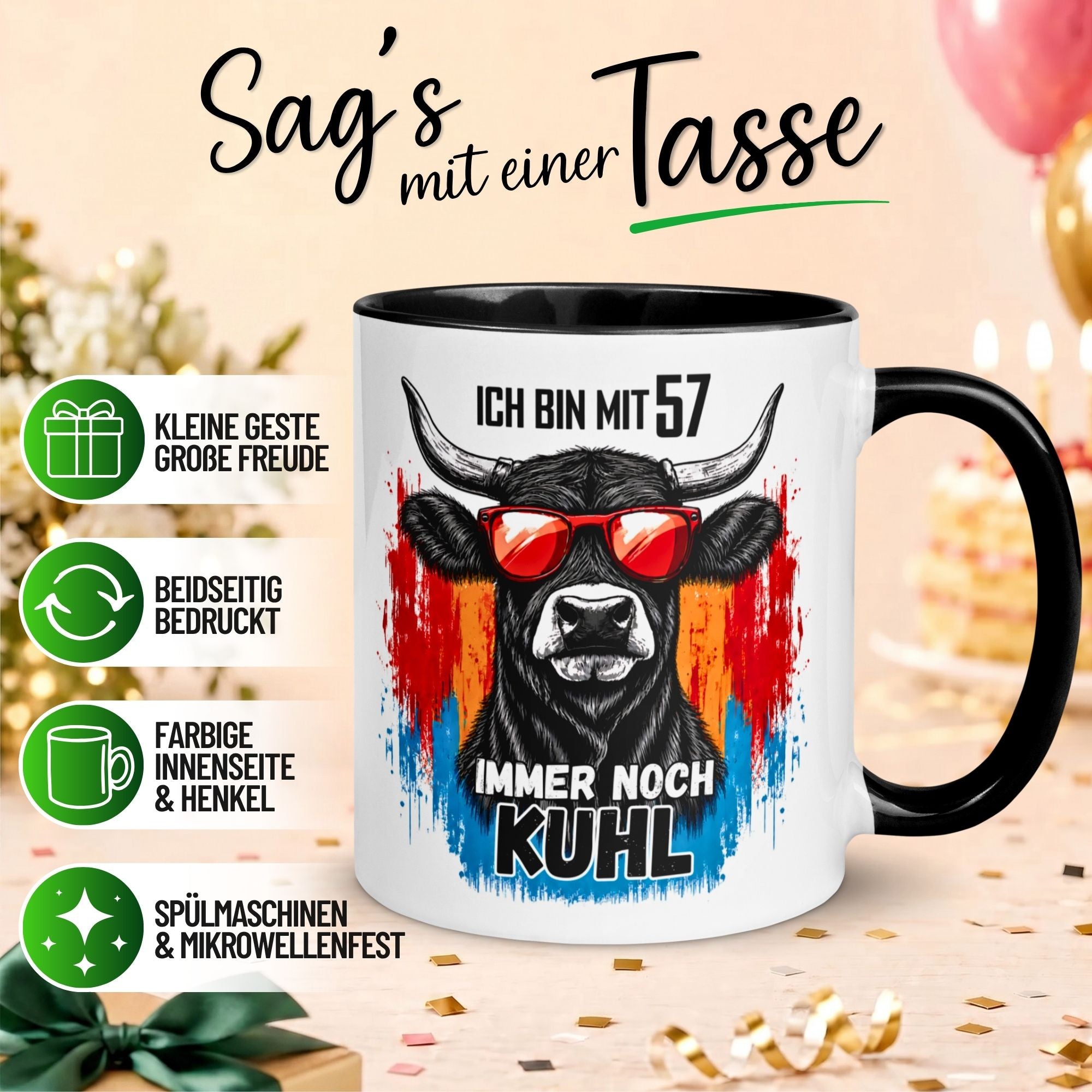 Tasse 57. Geburtstag Mann Frau – „Ich bin mit 57 immer noch Kuhl“ – Geschenk zum Geburtstag Männer Frauen