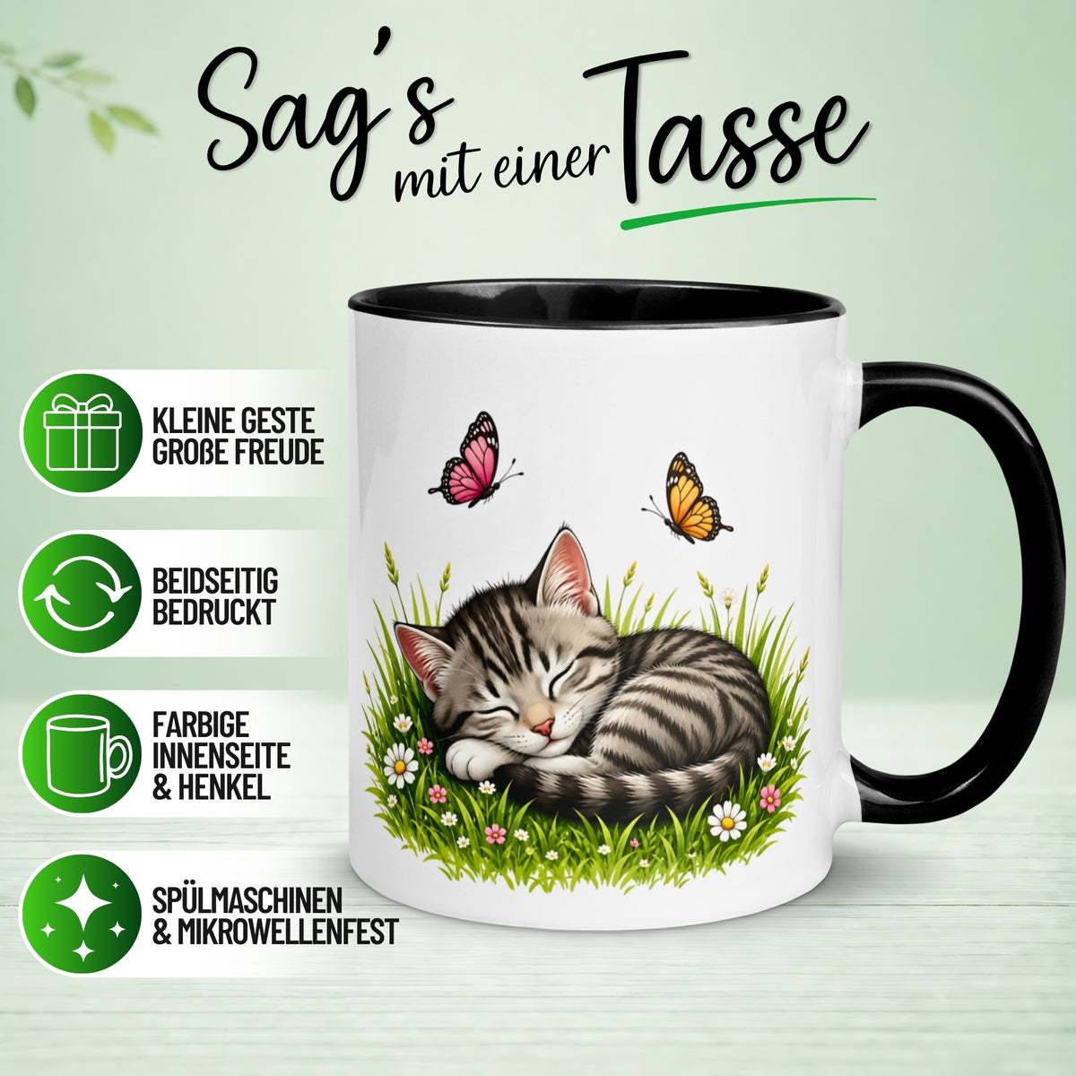 Tasse Katze – „Schlafende Katze mit Schmetterlingen“ – lustiger Katzen Geschenk Becher