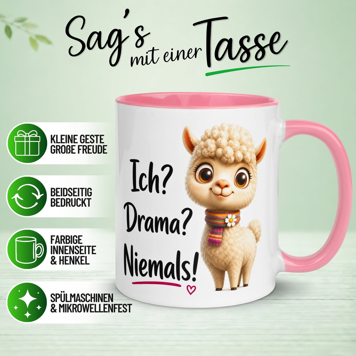 Tasse Alpaka – „Ich? Drama? Niemals!“ – lustiger Geschenk Becher