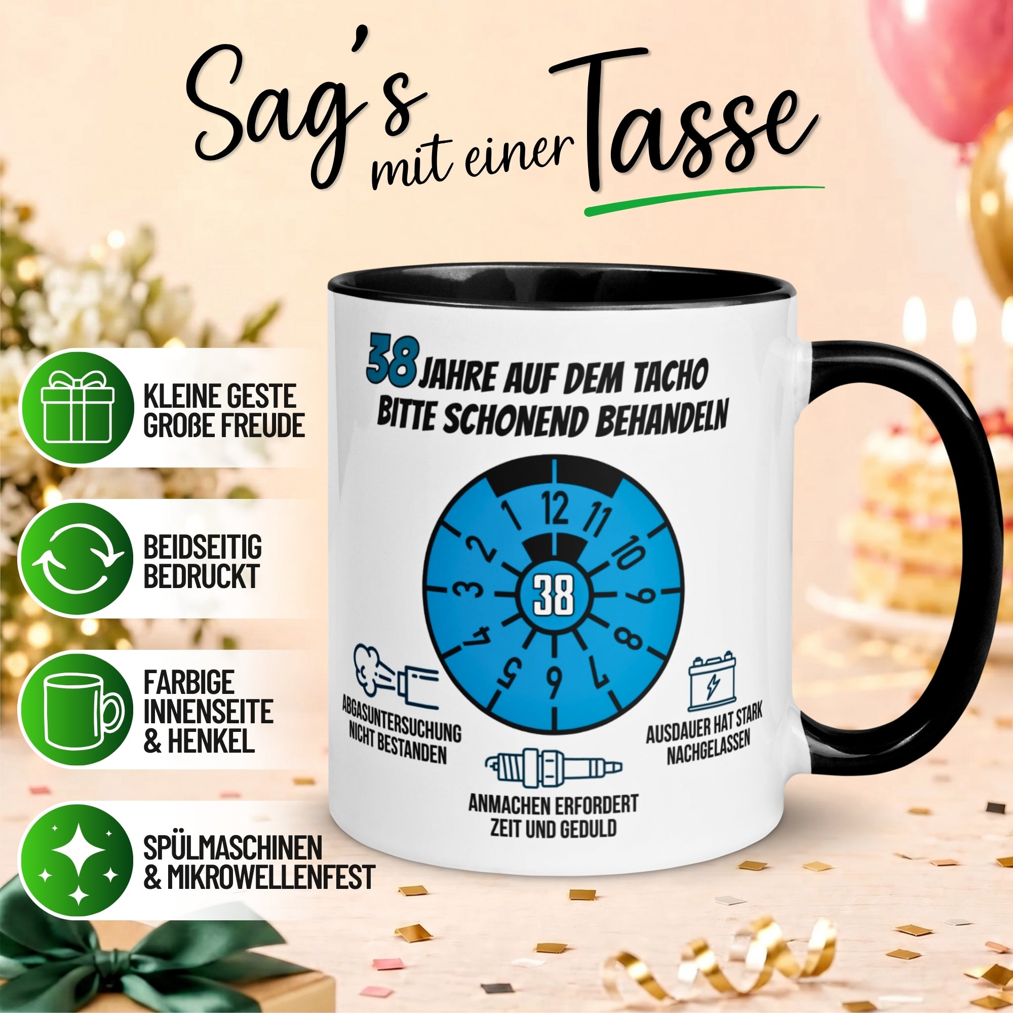 Tasse 38. Geburtstag Mann – „38 Jahre auf dem Tacho - Schonend Behandeln“ – Geschenk zum Geburtstag für Männer