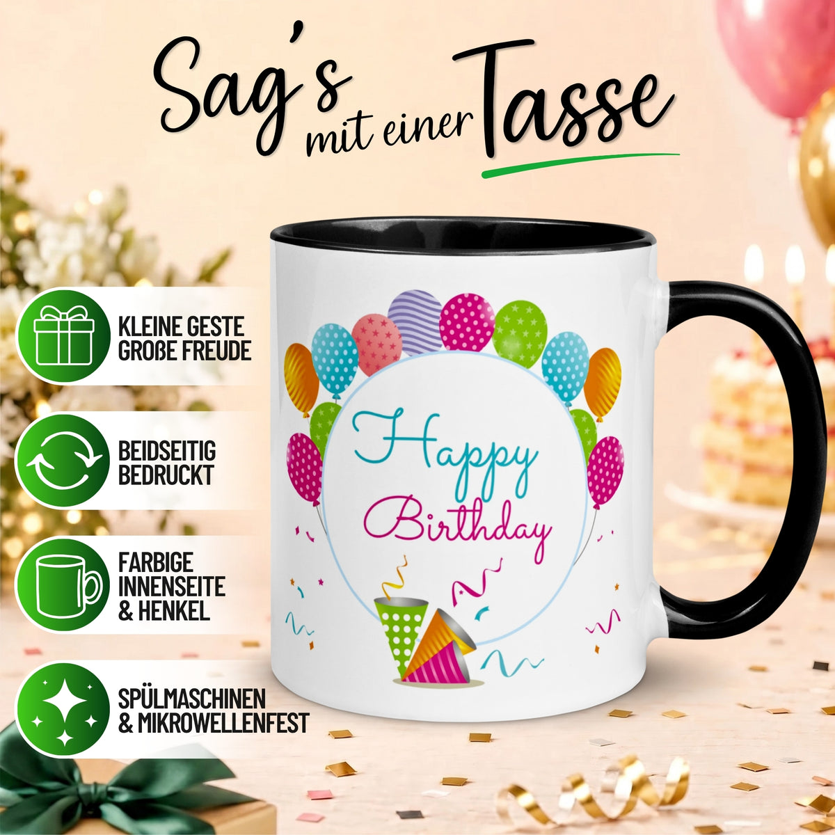 Tasse Geburtstag – „Happy Birthday - Ballon Party“ – Geburtstagstasse Mann Frau