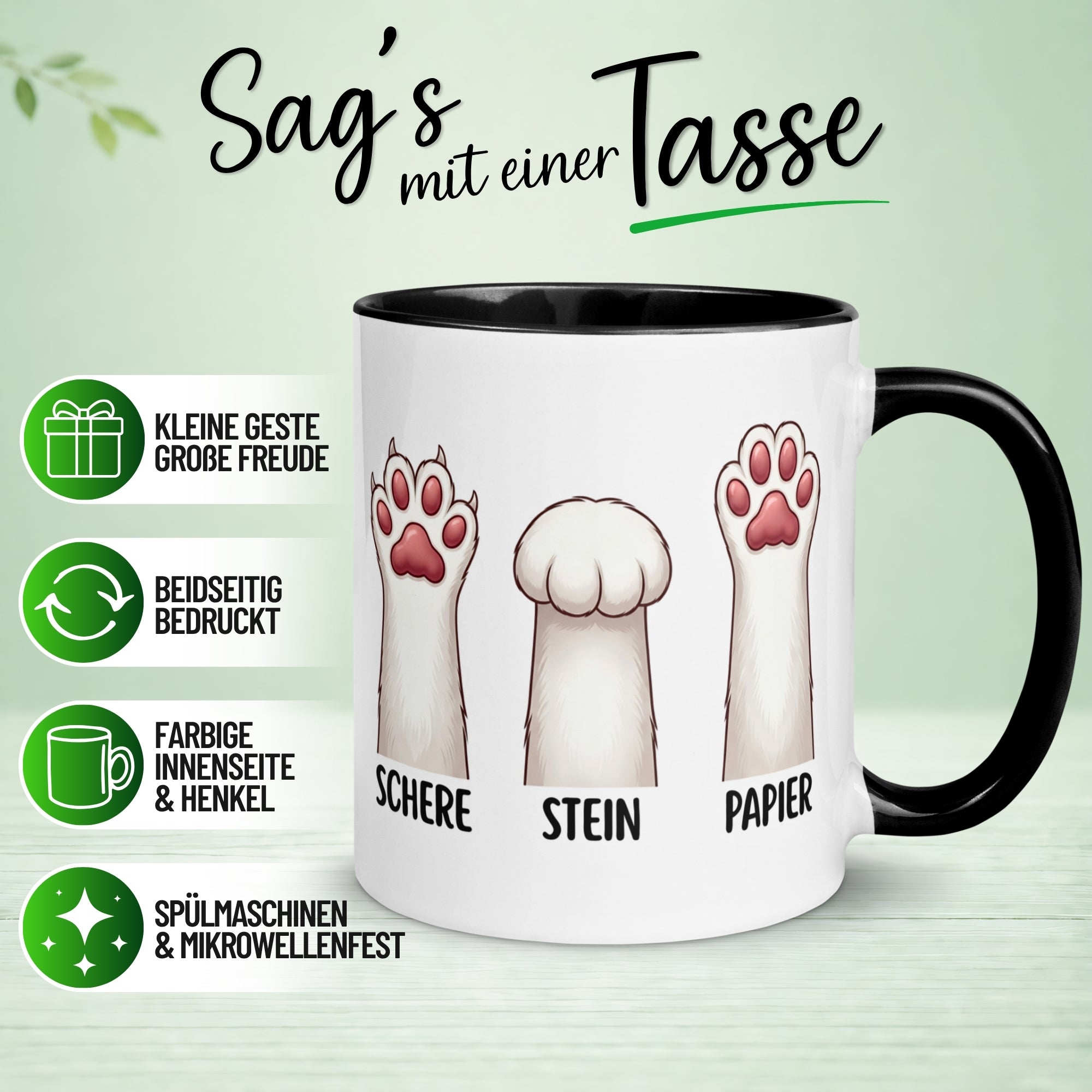 Tasse Katze – „Schere - Stein - Papier“ – lustiger Katzen Geschenk Becher