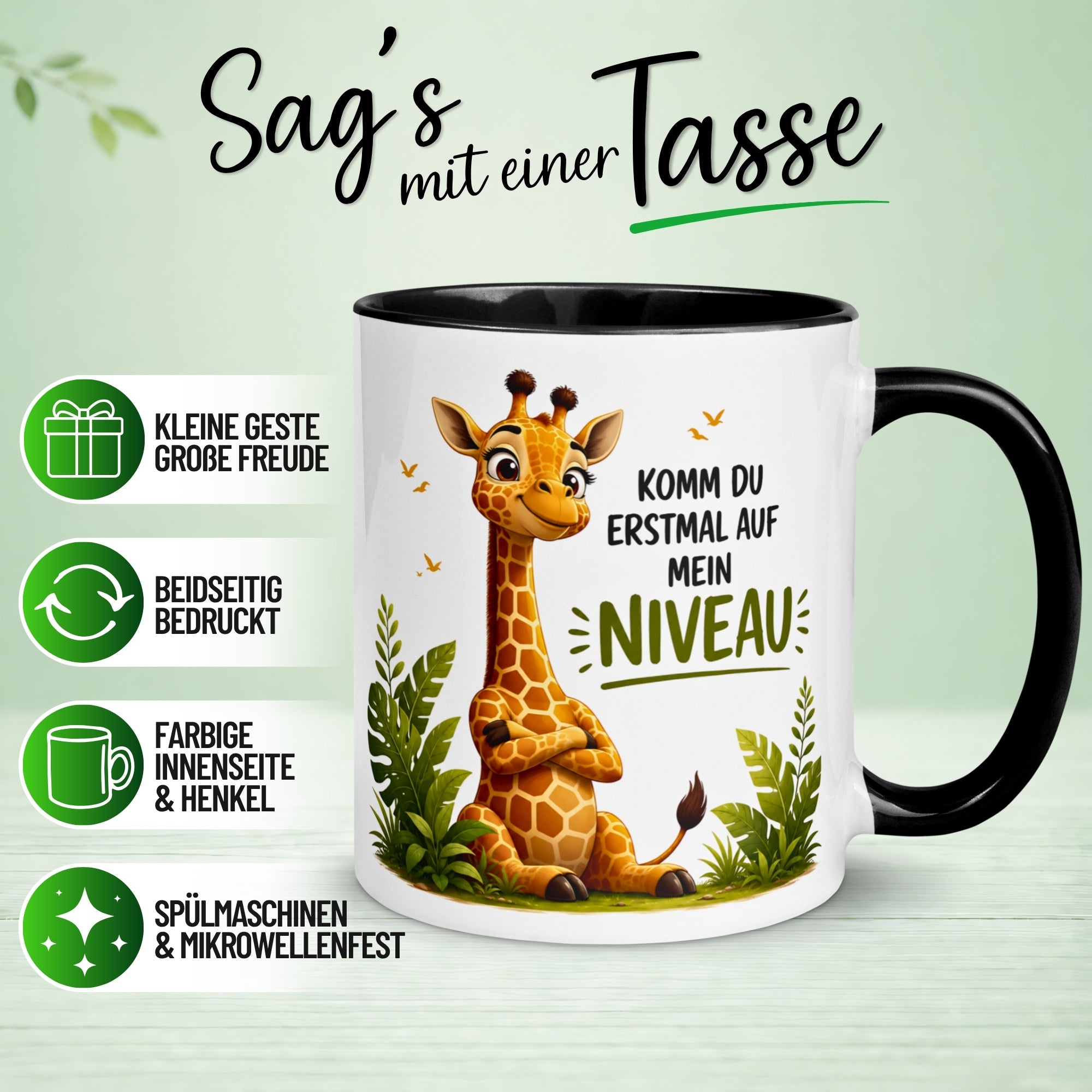 Tasse Giraffe – „Komm du erstmal auf mein Niveau“ – lustiger Giraffen Geschenk Becher