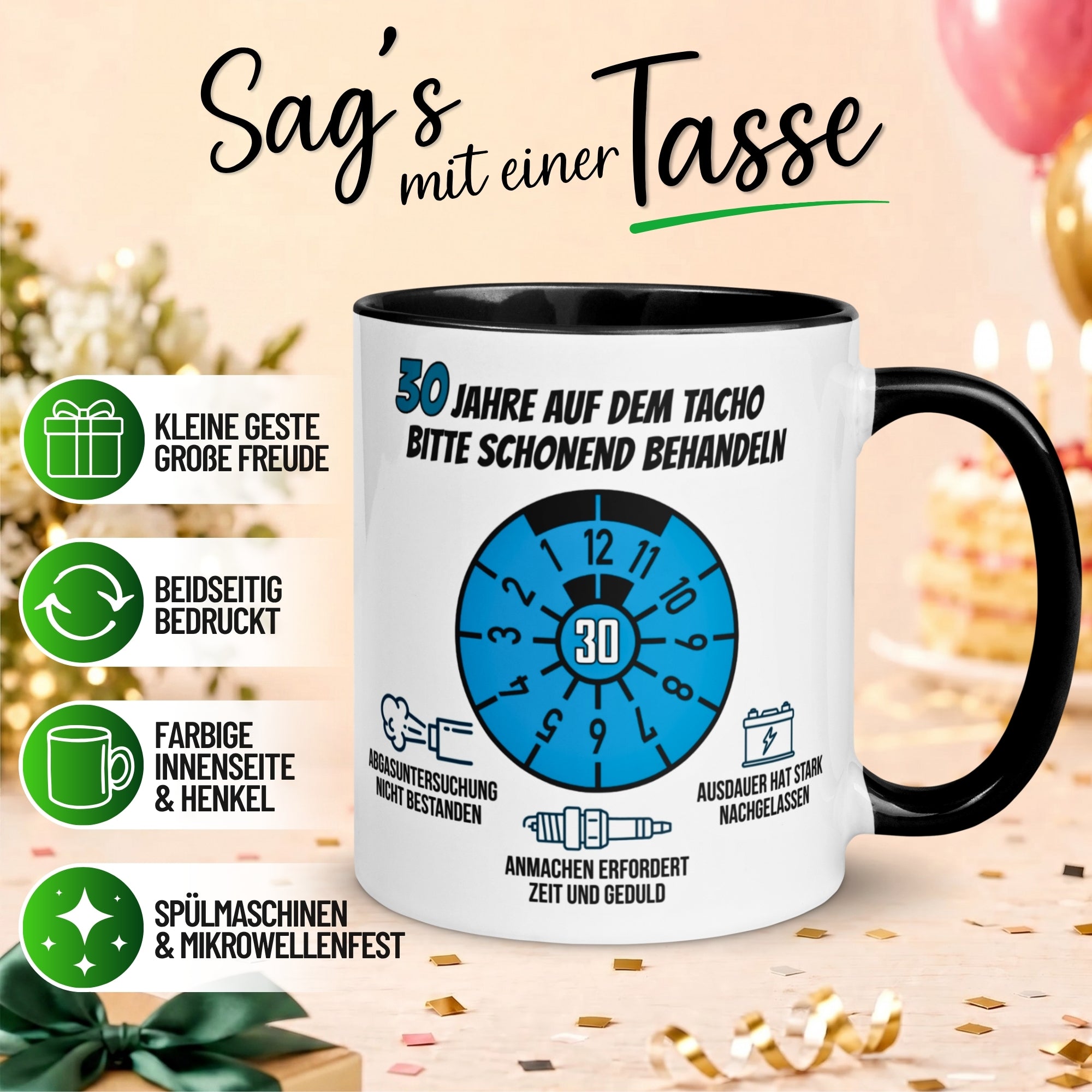 Tasse 30. Geburtstag Mann – „30 Jahre auf dem Tacho - Schonend Behandeln“ – Geschenk zum Geburtstag für Männer