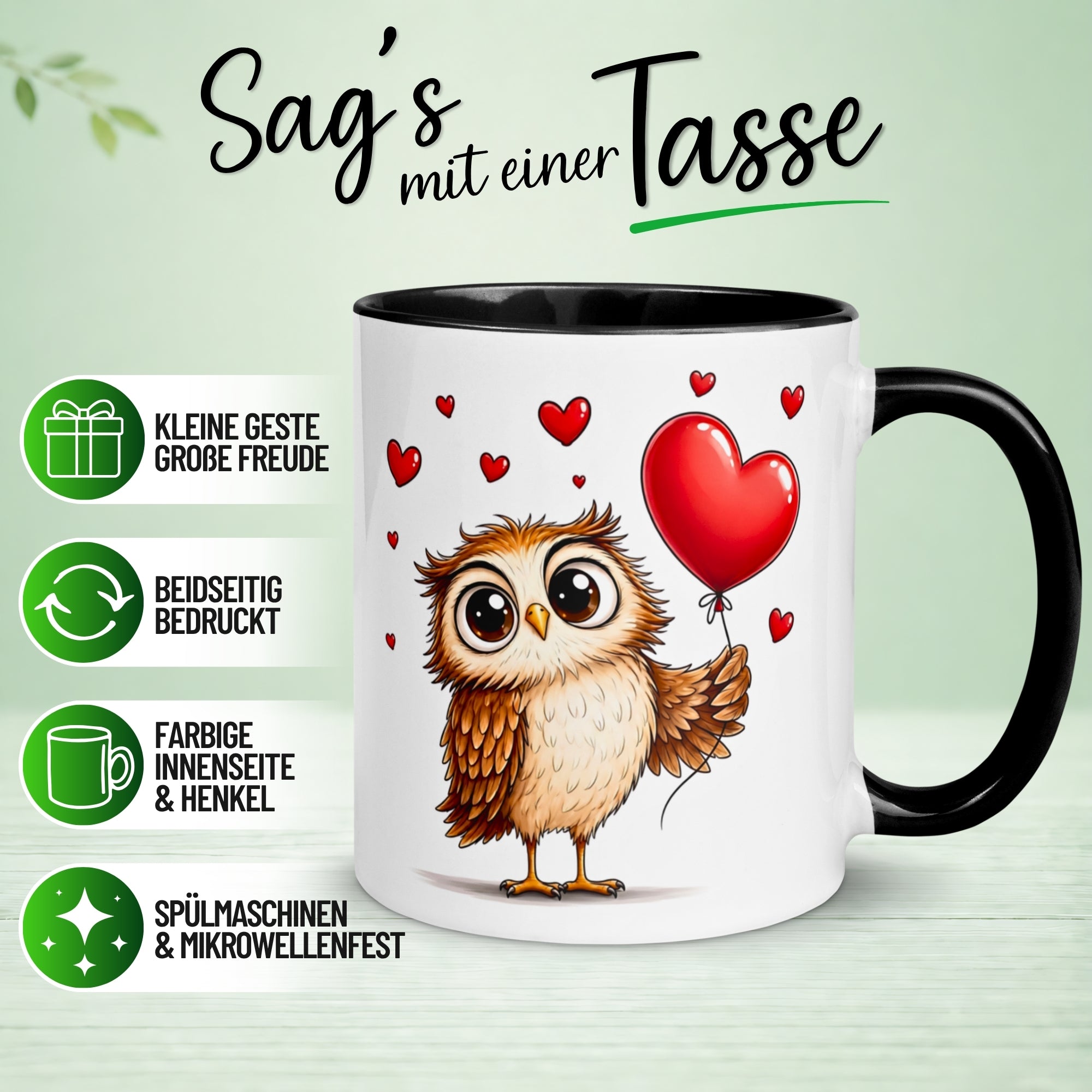 Tasse Eule – „Verliebte Eule mit Herz“ – Eulen Geschenk Becher für Lieblingsmenschen