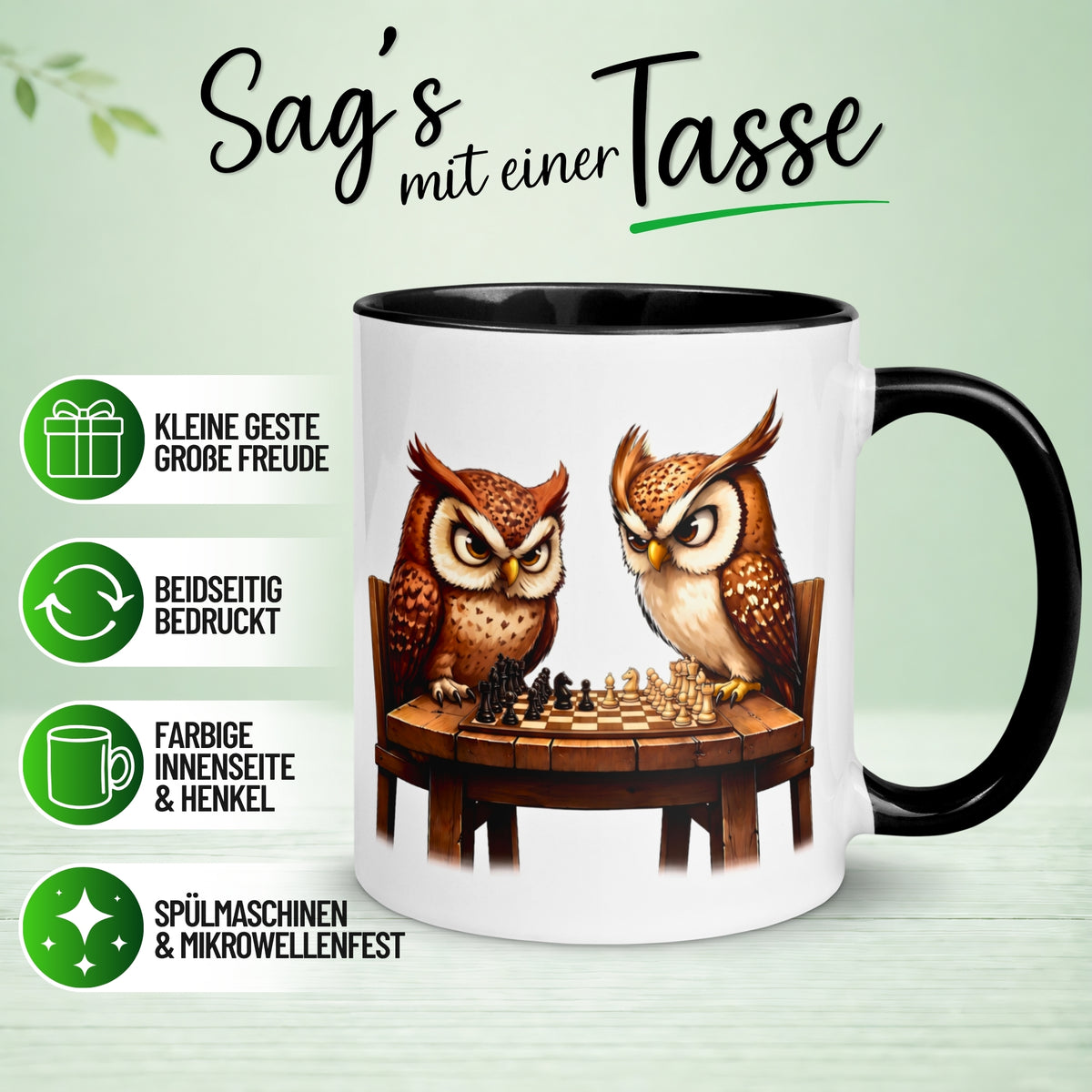 Tasse Eule – „Schachduell“ – lustiger Eulen Geschenk Becher für Schachspieler