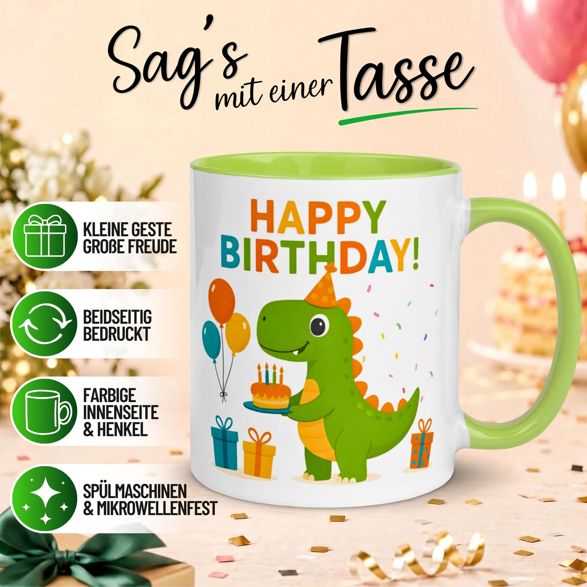 Tasse Dinosaurier – „Happy Birthday“ – Dino Geburtstag Geschenk Becher