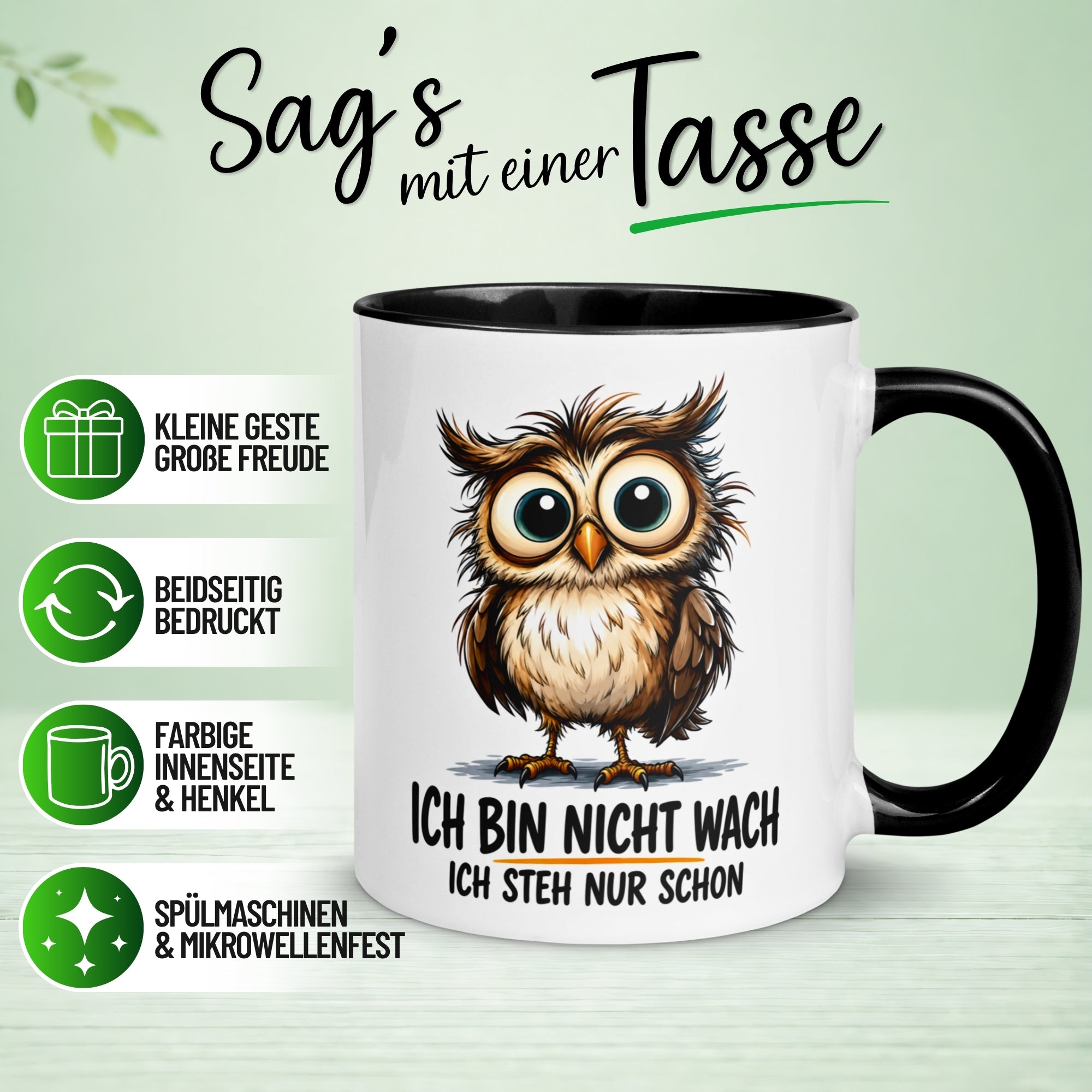 Tasse Eule – „Ich bin nicht wach“ – lustiger Eulen Geschenk Becher für Morgenmuffel