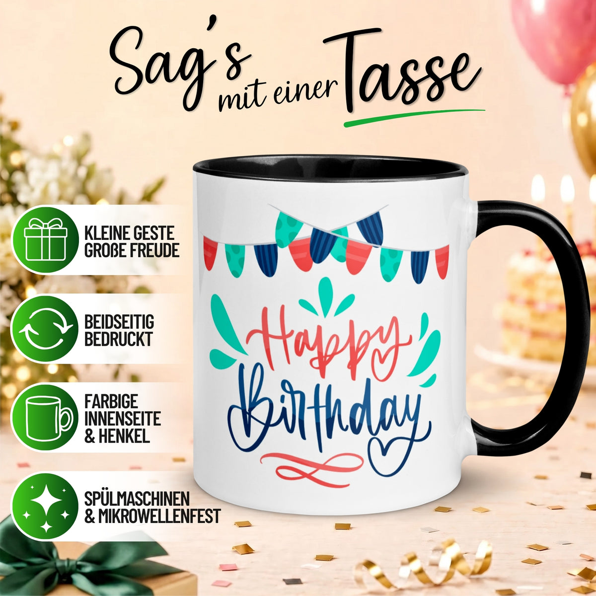Tasse Geburtstag – „Happy Birthday - Girlanden“ – Geburtstagstasse Mann Frau