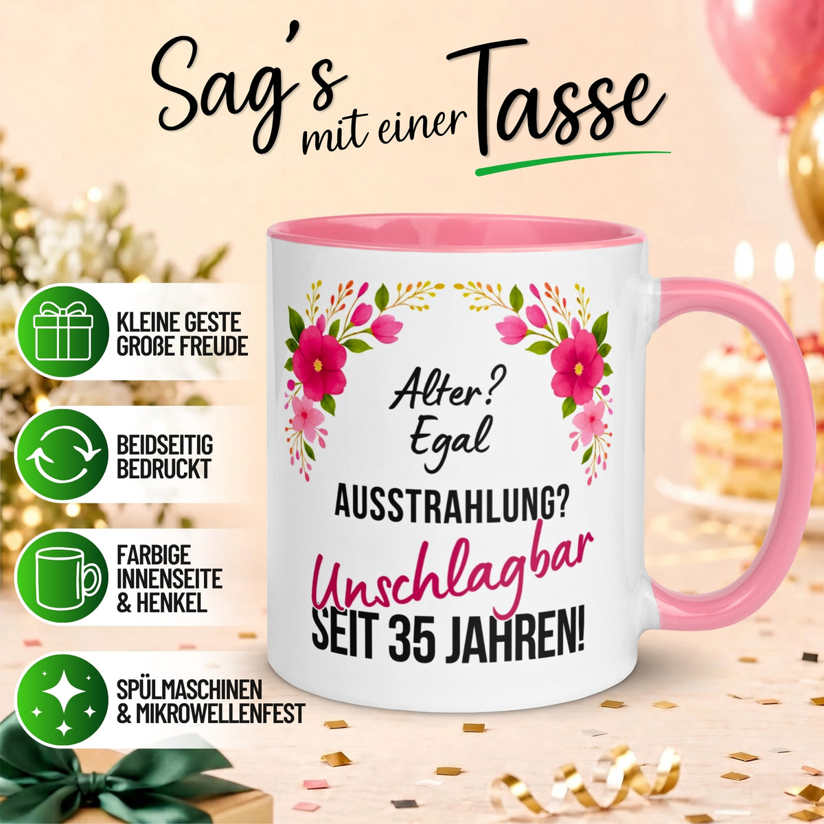 Tasse 35. Geburtstag Frau – „Ausstrahlung Unschlagbar seit 35 Jahren“ – Geschenk zum Geburtstag Frauen