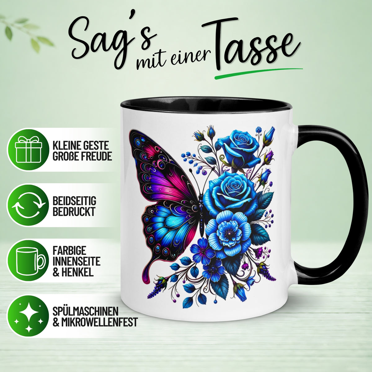Tasse Schmetterling – „Blaues Blütendesign“ – Geschenk mit Schmetterlingen