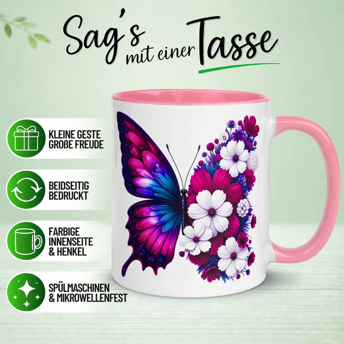 Tasse Schmetterling – „Blütendesign in Fuchsia“ – Geschenk mit Schmetterlingen