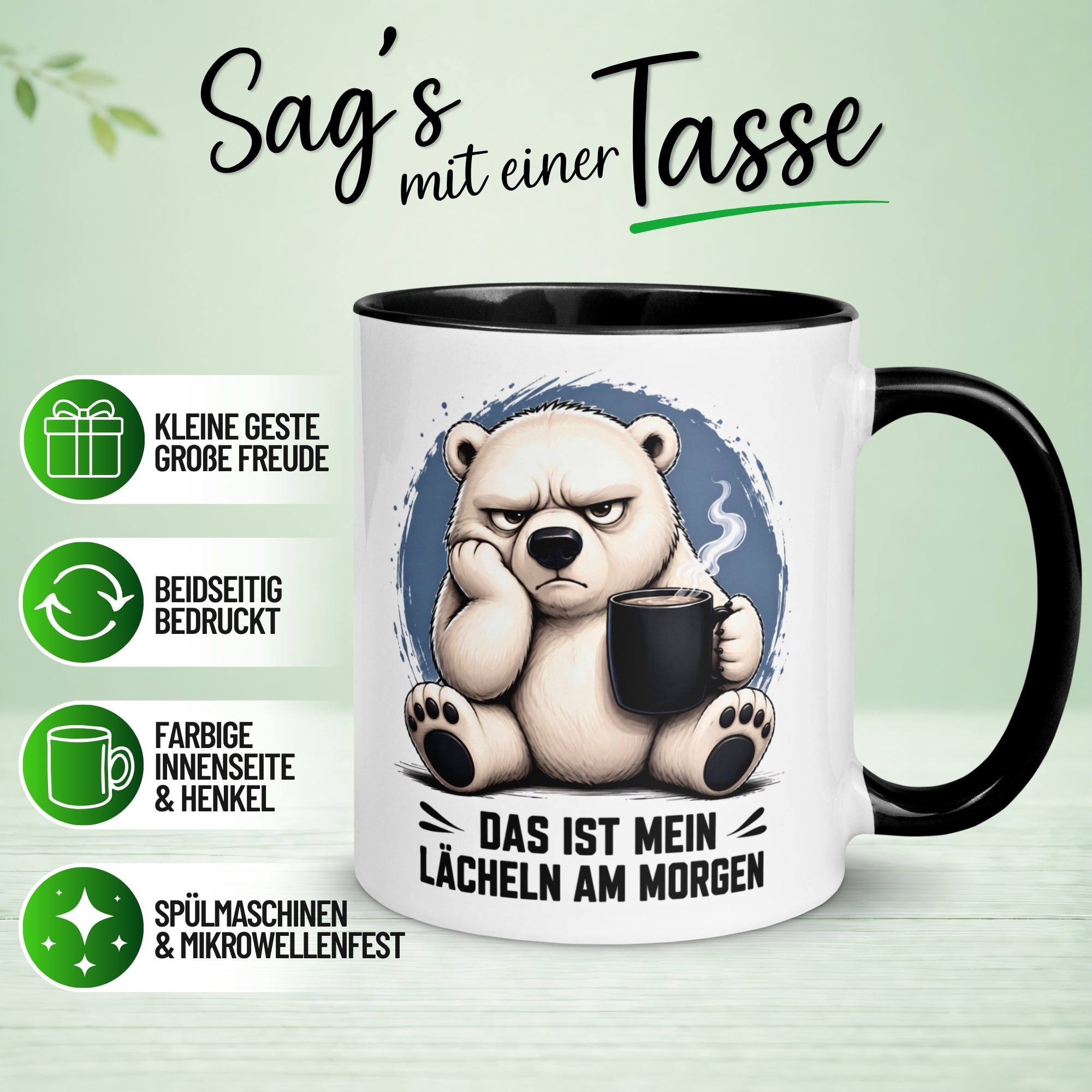 Tasse Eisbär – „Das ist mein Morgenlächeln“ – Lustiges Morgenmuffel Geschenk