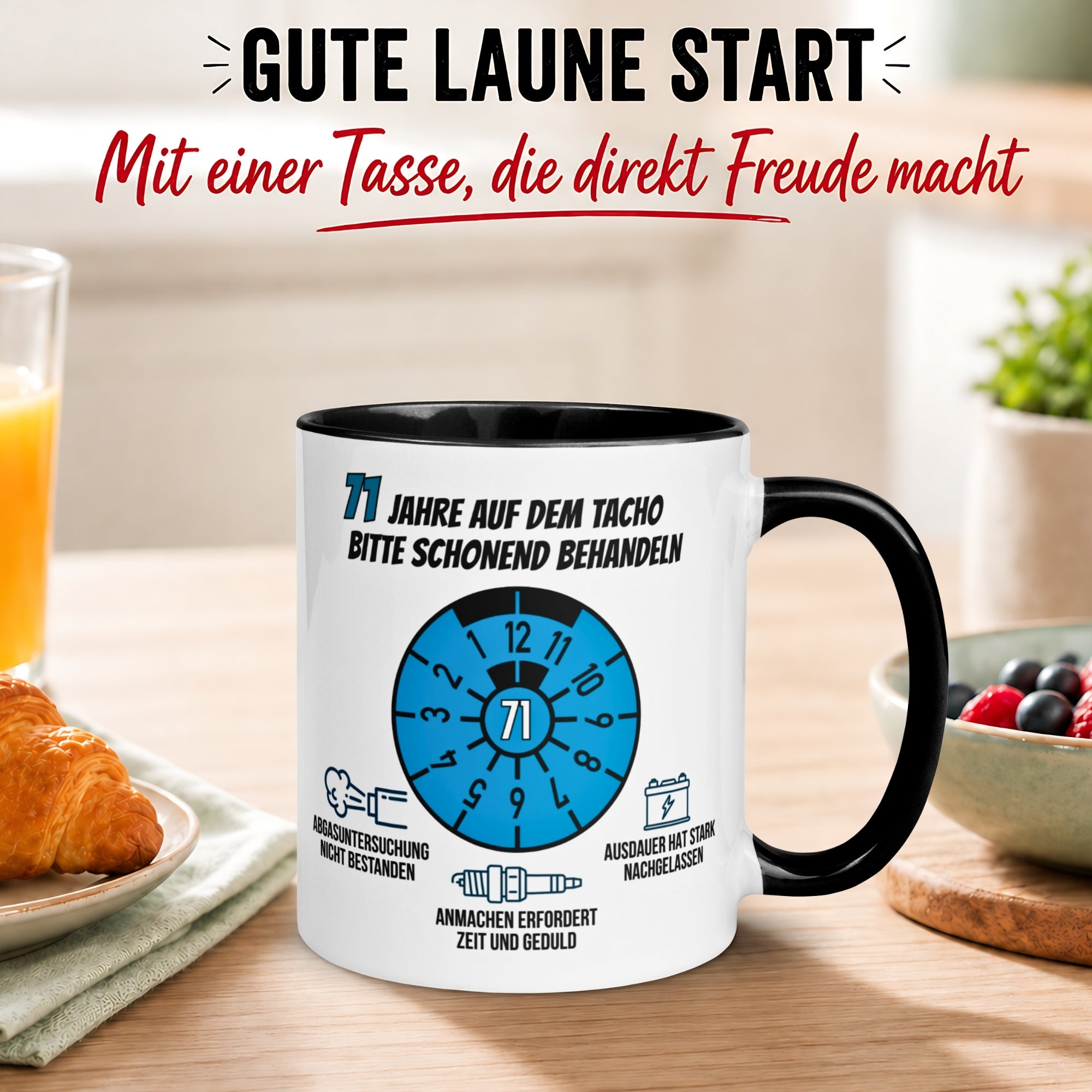 Tasse 71. Geburtstag Mann – „71 Jahre auf dem Tacho - Schonend Behandeln“ – Geschenk zum Geburtstag für Männer
