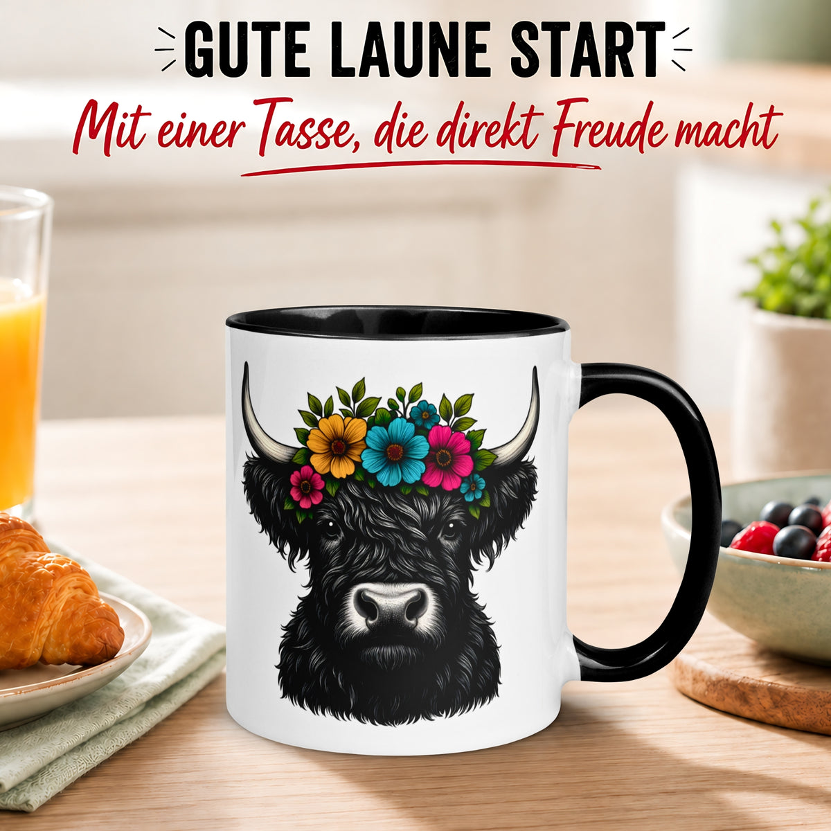 Tasse Kuh – „Highland Rind mit Blumenkranz“ – Geschenk Becher für Rinder Fans