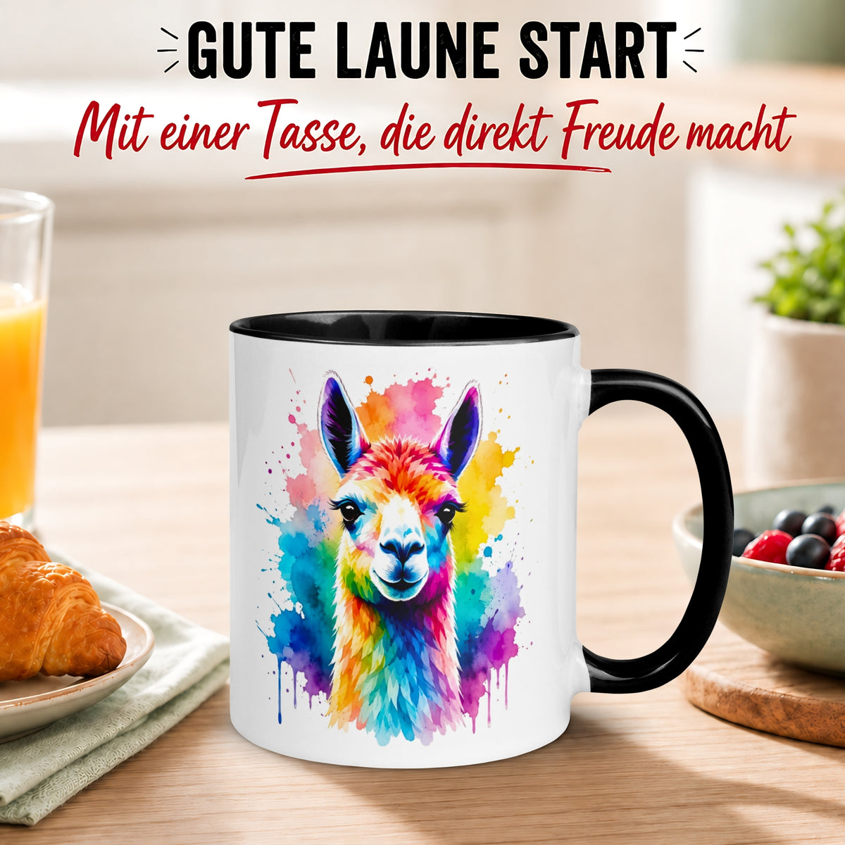 Tasse Lama – „Buntes Aquarell Farbenspiel“ – Alpaka Geschenk Becher
