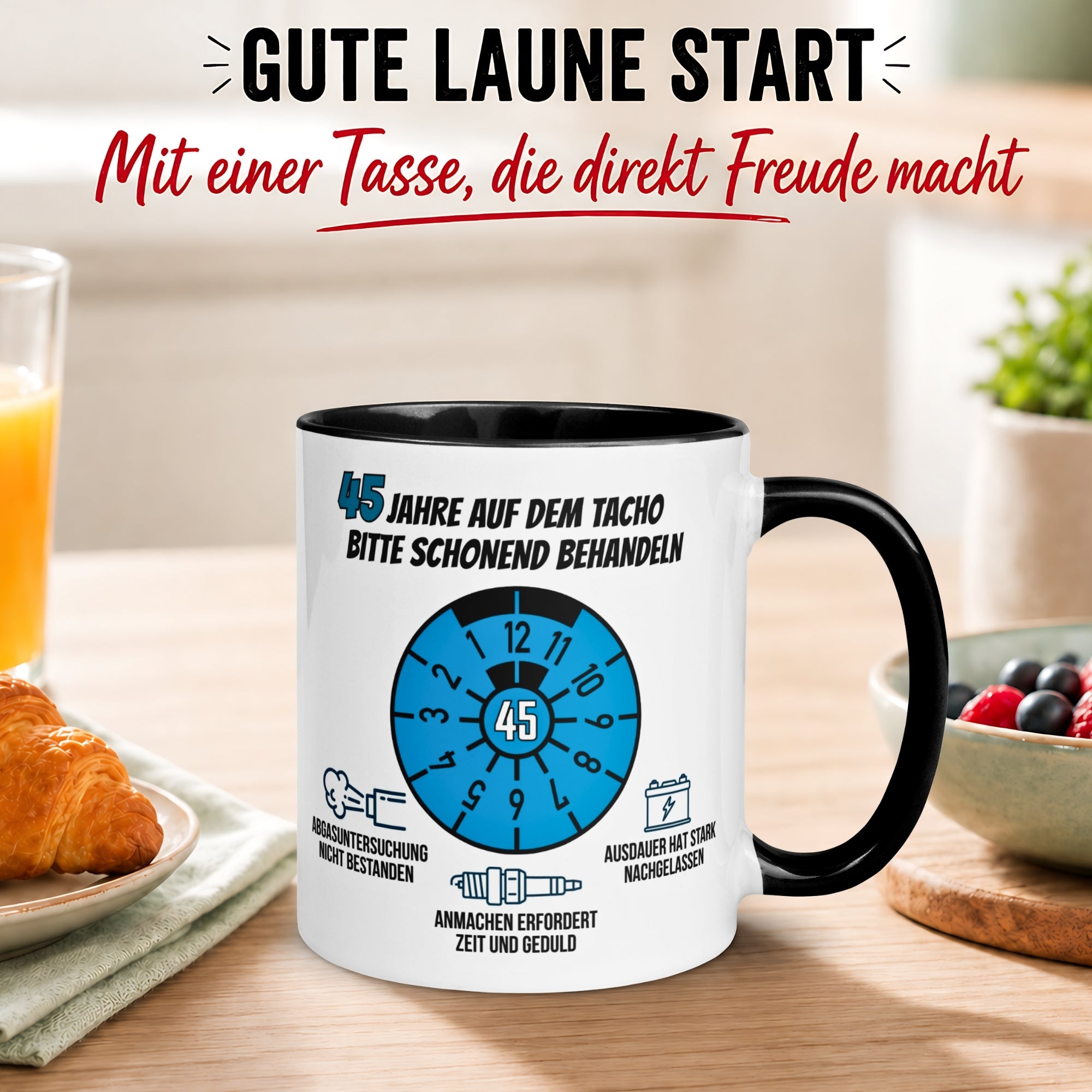Tasse 45. Geburtstag Mann – „45 Jahre auf dem Tacho - Schonend Behandeln“ – Geschenk zum Geburtstag für Männer